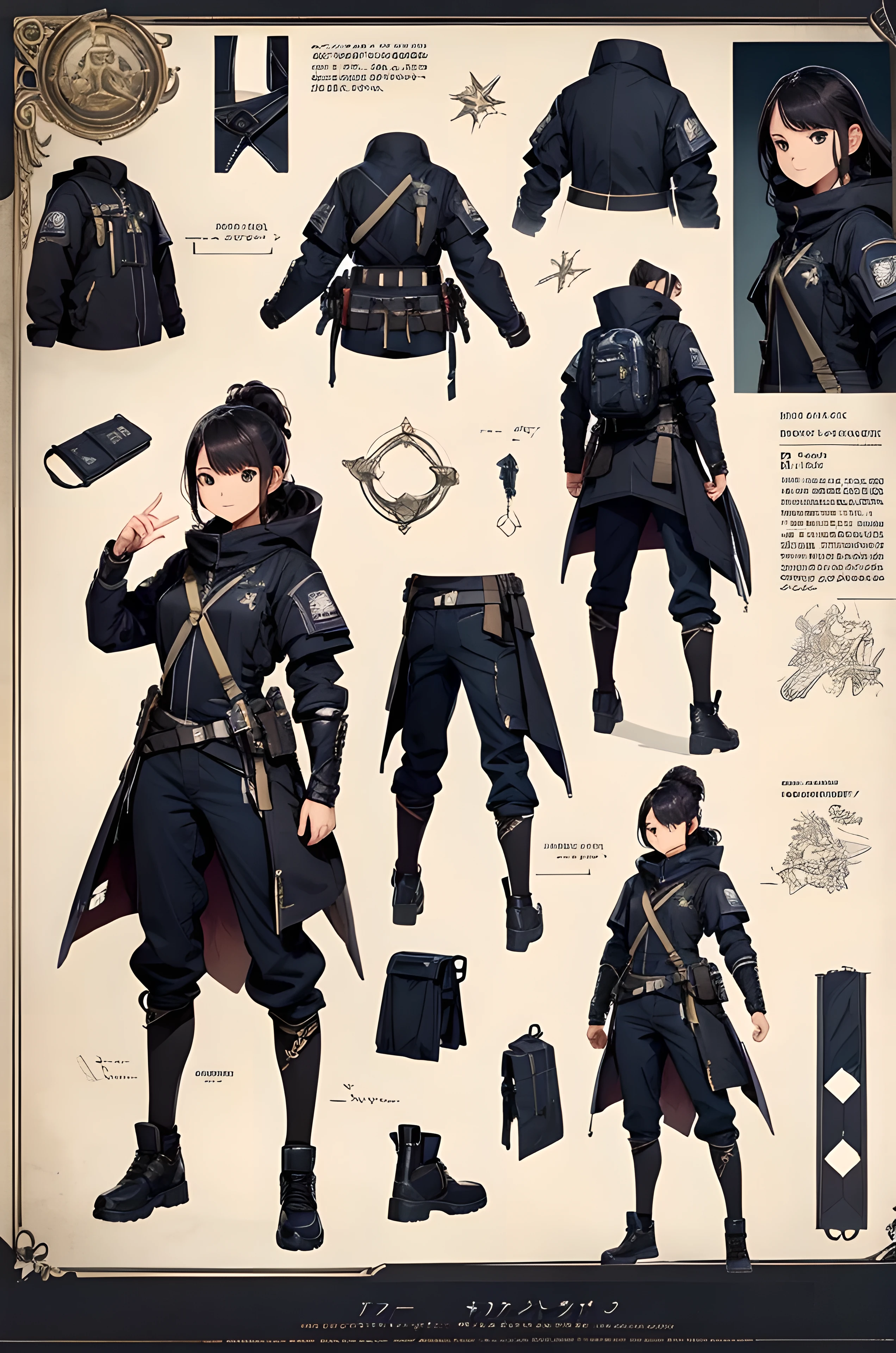 ((Masterpiece, Highest quality)), Detailed face, Detailed hair, ((Character Design Sheet, same character, front, side, back)), full body, Full of details, ((Multiple poses, multiple expressions, multiple hairstyle)), smile, Highly detailed, Depth, Many parts, Beautiful adventure girl, big sword, adventure bag, adventure kit, multi purpose kit, adventure clothes, Extremely beautiful, High Balance, Natural light, light glare, adventure equipment, loose pant, black in color, starry sky, Star decoration, adventure costume, adventure concept art, royal, mature