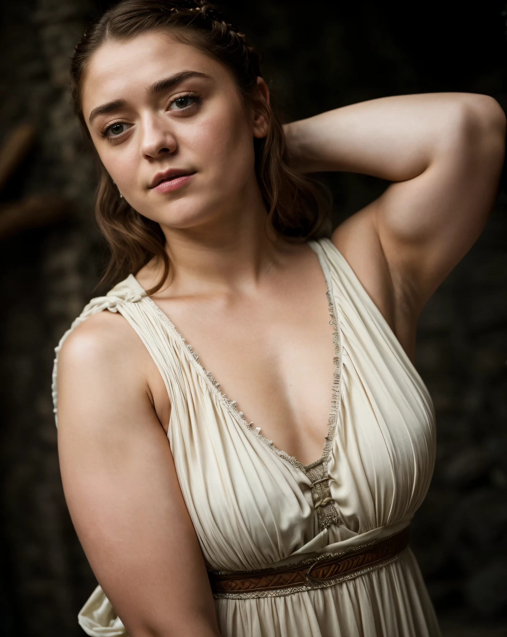 Foto RAW, Arya Stark, Extremely gorgeous lady, Arya Stark PLAYED BY MAISIE WILLIAMS, Queen Arya Stark, she  a mature woman now, milf, sexy mediaeval battle dress, gladiator woman, body, 40 years old Woman, Roman slave dress, cotton dress, busty mediaeval costumes, body revealing costumes, perky breast, big natural breast, erotic costumes, lusty physique, seductive figure can capture every people's attention, Game of thrones costumes, revealing captivating figure, Mediaeval costumes, revealing clothes, A tomboy, she would rather fence than dance, warrior queen , game of thrones screen caps, Game of Thrones Series, (pele altamente detalhada: 1.2), 8k UHD, DSLR, soft-lighting, alta qualidade, grain of film, Fujifilm XT3, flawless picture, highly detailed, detailed Beauty, intricate, 32k, sharp picture,