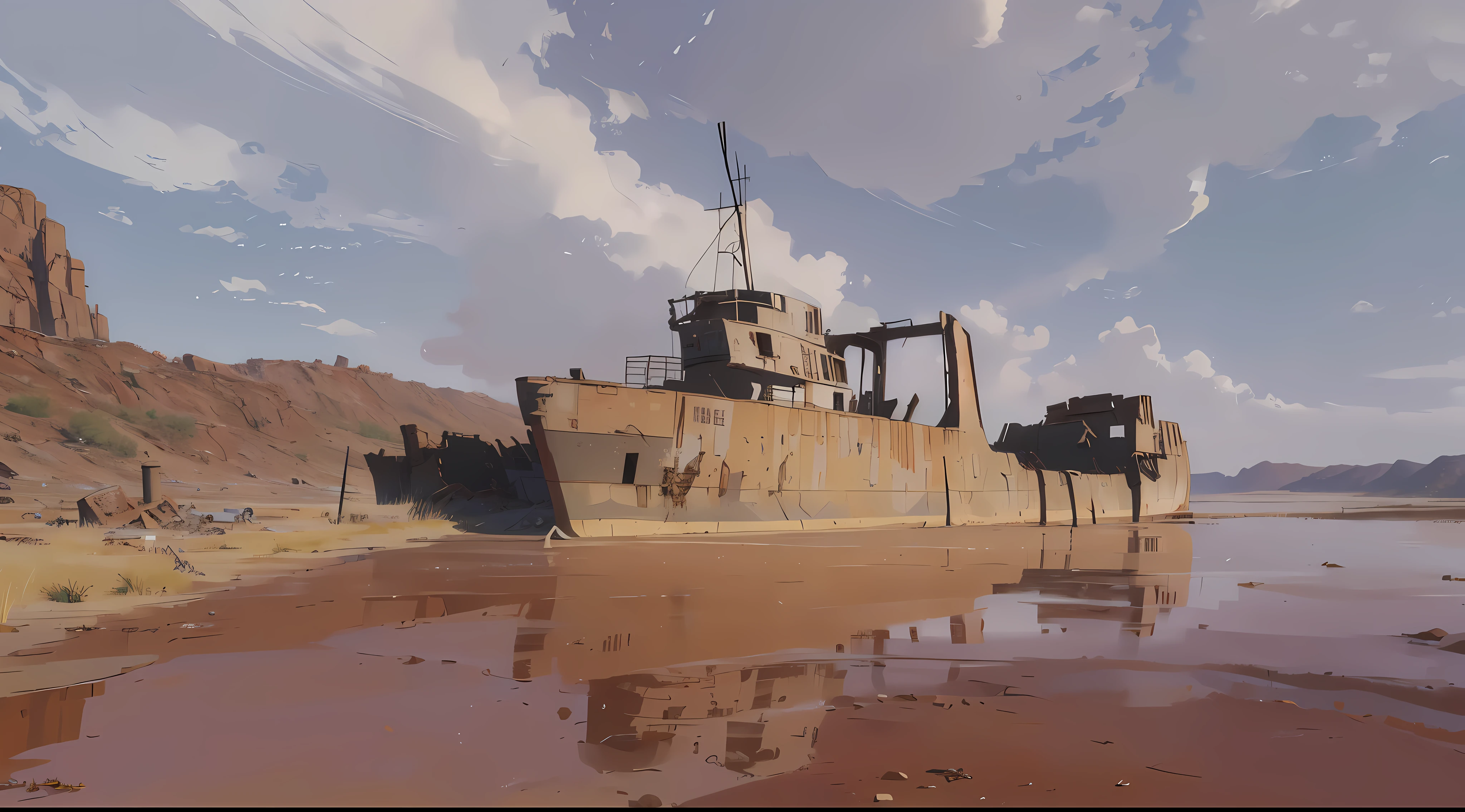 (Best quality, 8K, 32K, masterpiece, UHD: 1.2, ray tracing: 1.2, real: 1.2),  (Side: 1.5), (abandoned ship on the river), Water in the foreground, sandy red canyons in the distance, (Prairie, Long distance:1.5),  Road works sign in the background, beautiful post-apocalyptic sky, White clouds, (((Post-apocalyptic wasteland))) 