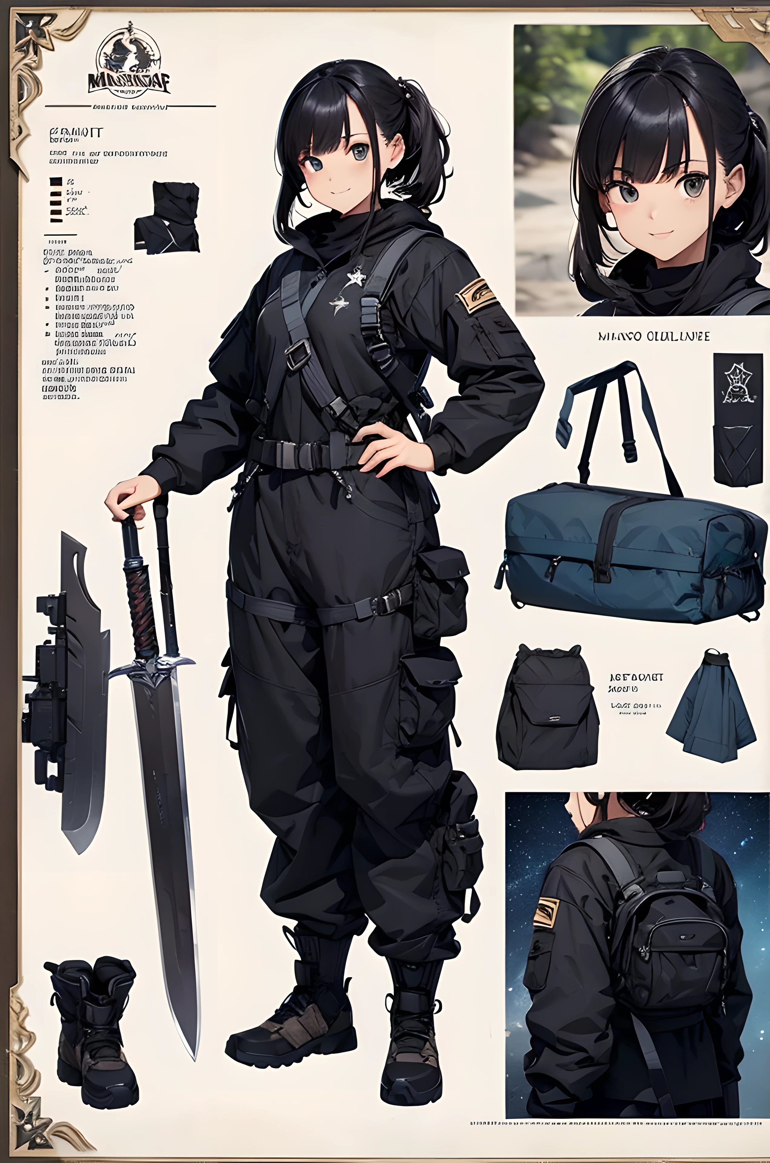 ((Masterpiece, Highest quality)), Detailed face, Detailed hair, ((Character Design Sheet, same character, front, side, back)), full body, Full of details, ((Multiple poses, multiple expressions, multiple hairstyle)), smile, Highly detailed, Depth, Many parts, Beautiful adventure girl, big sword, adventure bag, adventure kit, multi purpose kit, adventure clothes, Extremely beautiful, High Balance, Natural light, light glare, adventure equipment, loose pant, black in color, starry sky, Star decoration, adventure costume, adventure concept art, royal, mature