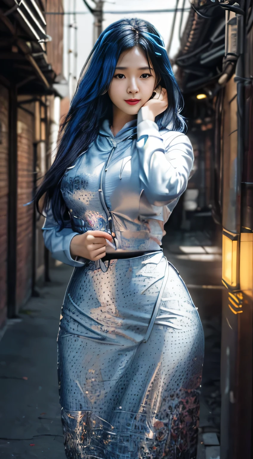 (Photorealistic:1.4) image of a Japanese Girl, (top-quality, 8K, 32K, masterpiece), her hands & legs enhanced by Electronic Robotic, with glowing Parts. (dynamic pose), ((facing camera)), cowboy shot, shapeless hair, blue color hair, wearing white hoodie. depth of field f/1.8, Ruined city background, luminescence light particles, (((glow)), HDR (high dynamic range), Multi-layered textures, Surface shading, Accurate simulation of light-material interactions, Perfect Proportions, Octane Render, two-tone lighting, large aperture, low ISO, white balance, 8K RAW