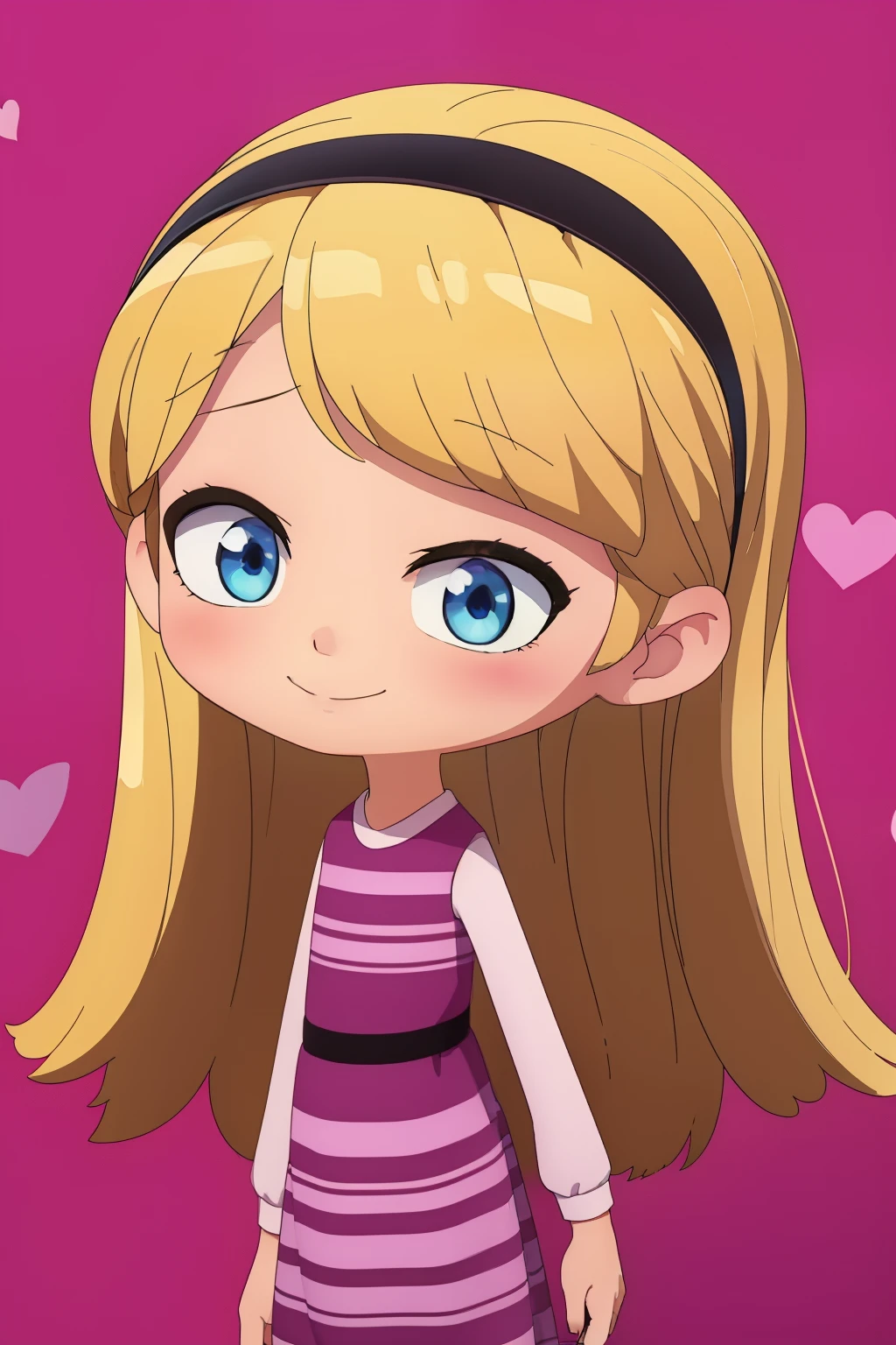 ((masterpiece, best quality)),1girl, solo, penny peterson, blonde hair, blue eyes, long hair, hairband, pink dress, high tube socks, one eye closed, peace sign, cute smile, cute art, cute, kawaii, left eye closed looking at viewer, happy, pink, hearts background,