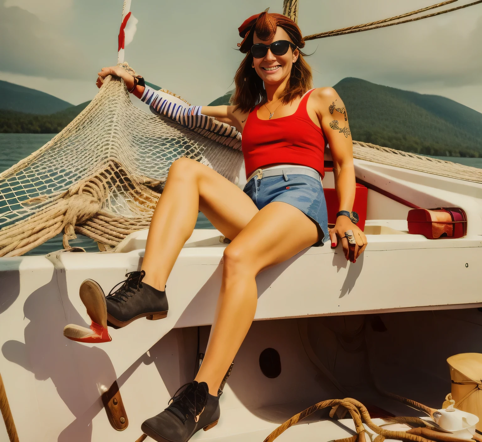 woman sitting on a boat with a red top and blue shorts, on a boat, on a yacht at sea, standing on the mast, on a pirate ship, on a boat on a lake, standing on a ship deck, on the deck of a sailing ship, standing on ship deck, on the bow, on the sea, he's on an old sailing boat