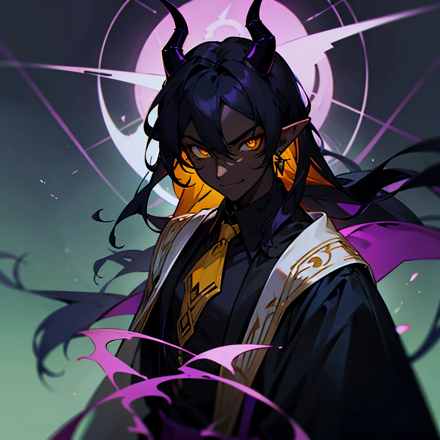 1 guy, waist-high, portrait, tiefling, fantasy hero, batd, black hair, horns, closed mouth, open chest, unbuttoned blouse, dark-skinned man, purple skin, dark skin, demon boy, earrings, luminous, gradient, gradient background, hypnosis eyes, snake eyes, horns, jewelry, long hair, looks at the viewer, male focus, pointed ears, cape, narrow pupils, smile, solo, suspenders, tail, yellow eyes