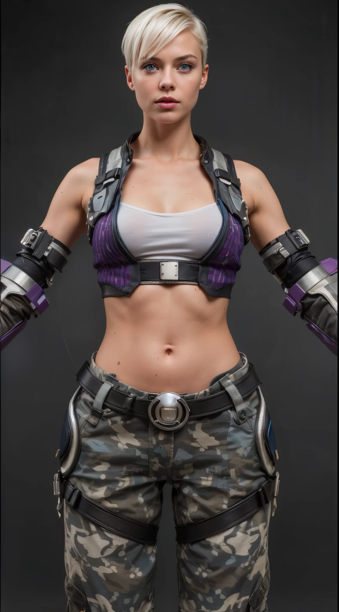 (masterpiece),(best quality:1.0),(ultra highres:1.0), closeup, 1 girl, sexy girl, detailed beautiful, face focus, tomboy, skinny, blue eyes, short hair, norway face, wallpaper 8k, (white colorful hair), beautiful woman, makeup, full body