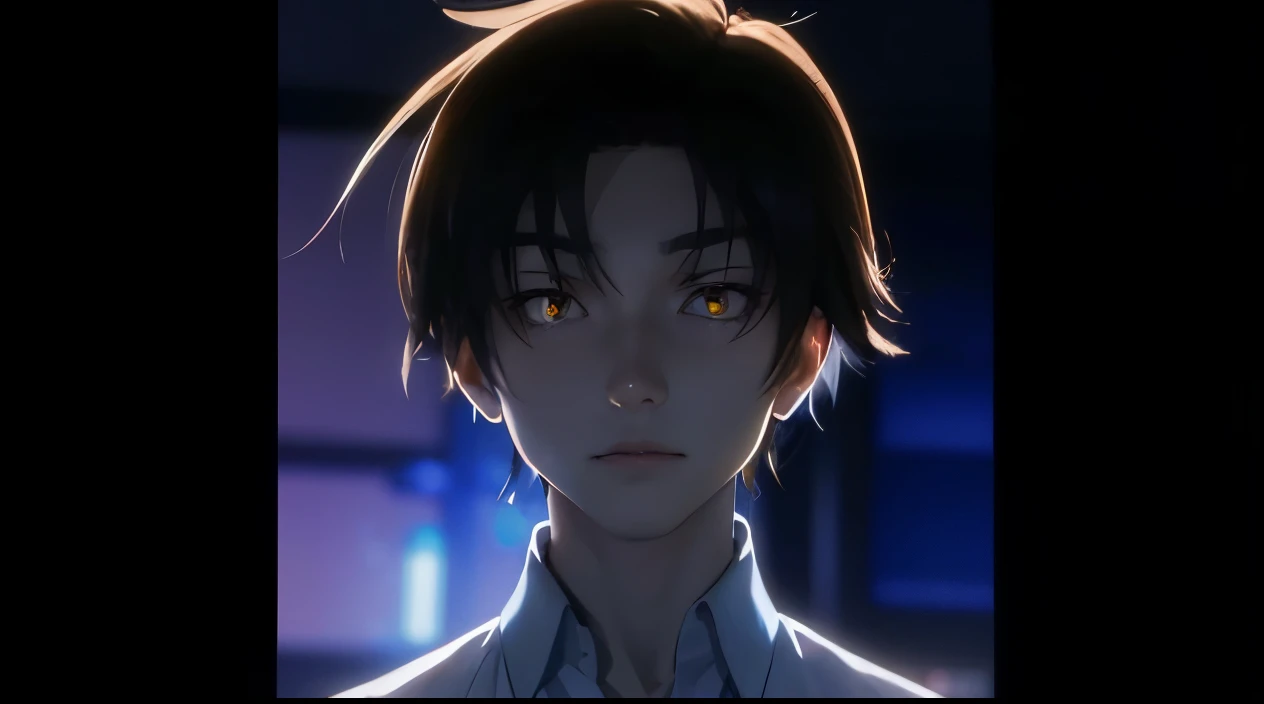 ultra realistic picture of anime male character Ayanokouji Kiyotaka,  years, standing, brown curtain messy hair, dark yellow eyes, glowing eyes, flat face, no expression, intimidating luminous eyes,sharp eyes, up eyebrows, wear school shirt, white shirt with blue tie, dark situation, shadowing character, anime character, classroom of the elite, blurry background,focused subject, detailed skin texture,Extreme detailed face,realistic hair, ultra quality rendering, 3d skin detailed texture