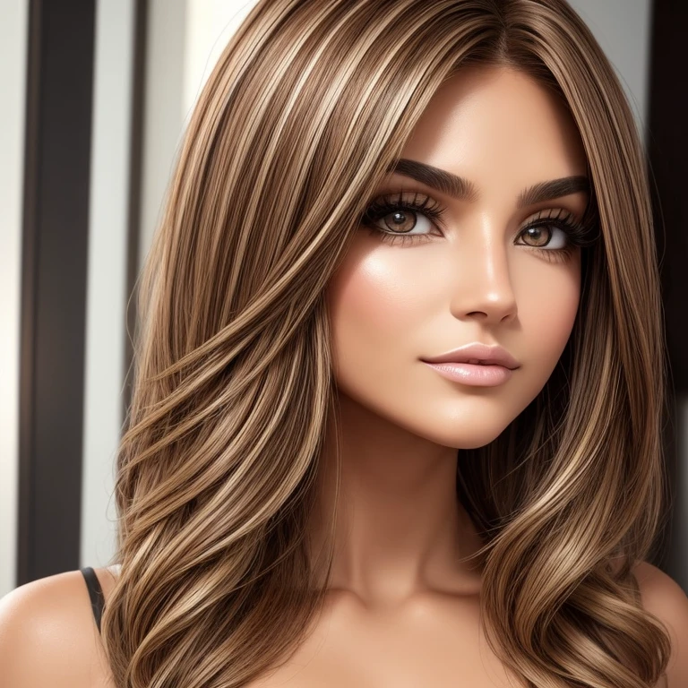 Una mujer con cara rectangular, ojos felinos con cejas redondeadas, nariz chata, small mouth with rounded lips, frente convexa, flat cheeks and asymmetrical cheekbones, 3D, full body, movie scenes, ultra realistic, colorful. 4K, --ar 2:1, ojos verdes, light brown hair with blonde highlights, liso y un poco lacio, que enmarque su rostro