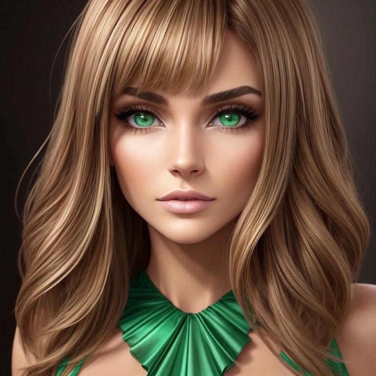 Una mujer con cara rectangular, ojos verdes felinos con cejas redondeadas, nariz chata, small mouth with rounded lips, frente convexa, flat cheeks and asymmetrical cheekbones, 3D, full body, movie scenes, ultra realistic, colorful. 4K, --ar 2:1, ojos verdes, light brown hair with blonde highlights, liso y un poco lacio, que enmarque su rostro
