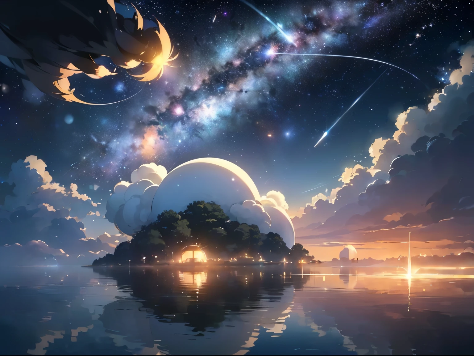 (Floating in the air: 1.5), (A double ring flying in the space of stars: 1.3), (Illuminating the stars in the ring: 1.4), (Thick clouds: 1.4), (Makoto Shinkai style: 1.4), enjoying, perfect quality, clear focus (disorder - house: 0.8), (Masterpiece: 1.2), (Realistically: 1.2), (With bright light: 1.2), (Best quality), (Detailed starry sky: 1.3), (Complex details), (8k), (Detailed meteor), (Sharp focus),