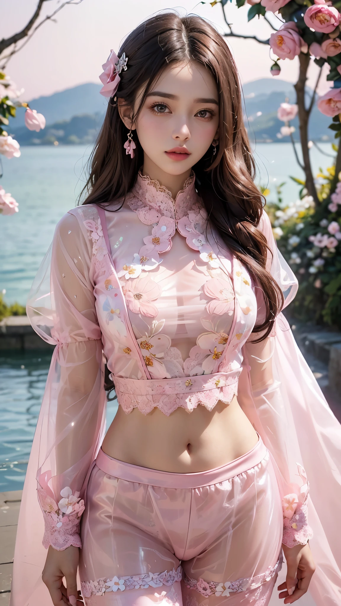 1 girl, good face, ultra long hair, detailed eyes, detailed lips, medium breasts, (pink outfit:1.5), (translucent lace:1.5), (ornament:1.5), (floral outfit :1.5), bare waist, Take photos by the lake, ultra-realistic realism, color field printing, high details, hyper HD, cinematic lighting, 4k quality,