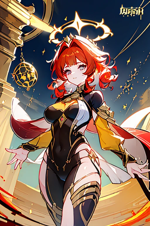Masterpiece: 1.5, best quality, high resolution: 1.3, super resolution, super detailed, ultra detailed: 1.3, rich background: 1.2, 1 woman)) pale skin + reddish hair + fluffy curly hair + amber eyes + long eyelashes + female body + medium chestb+ wide hips + thick thighs (neoprene suit with spider web designs, has a neckline on the chest with a golden gem embedded in it, Golden halo behind her head, She has halos of golden light on her wrists) ((smiles , raised in the air, city in the background illuminated by lights, golden light from halos in gold)) (colors for clothing and accessories: white, gold, navy blue, silver)