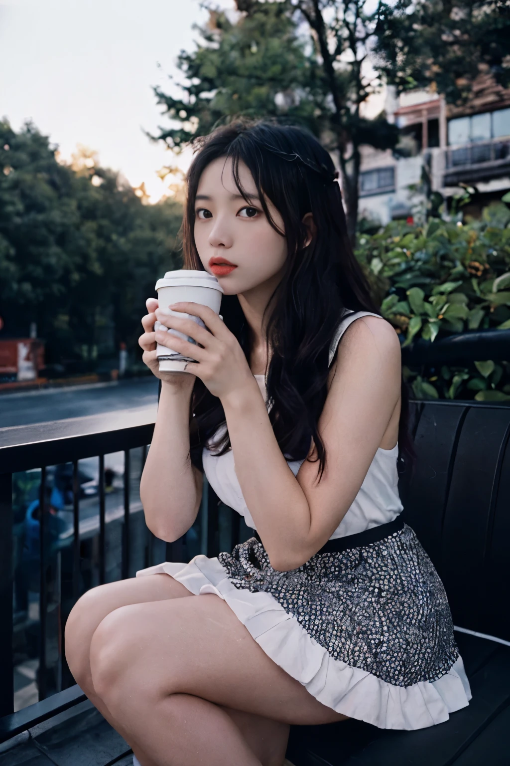 (masterpiece, best quality), 1girl(Athena_Asamiya), cute dress, long black hair, sitting, beautiful outdoor background, with a friend, drinking coffee, (in 8K, Raw-Photo, best quality, ​masterpiece, nikon d850, film stock photograph ,4 kodak portra 400 ,camera f1.6 lens ,rich colors ,hyper realistic ,lifelike texture, dramatic lighting , cinestill 800,