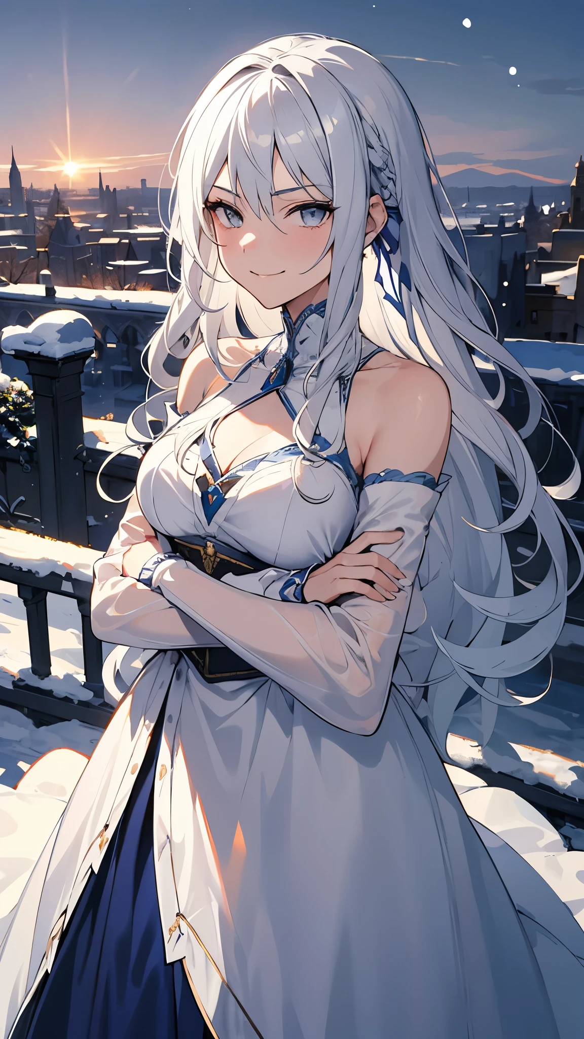 [[[ ultra-detailed, best quality, soft skin, beautiful, 4K]]], (masterpiece 2.1) pov, 1girl, gray eyes, white hair with shades of blue, regal medieval clothes, medium hair, shoulder-length hair, mature, evil smirking, arms crossed,  snowy royal gardens background 