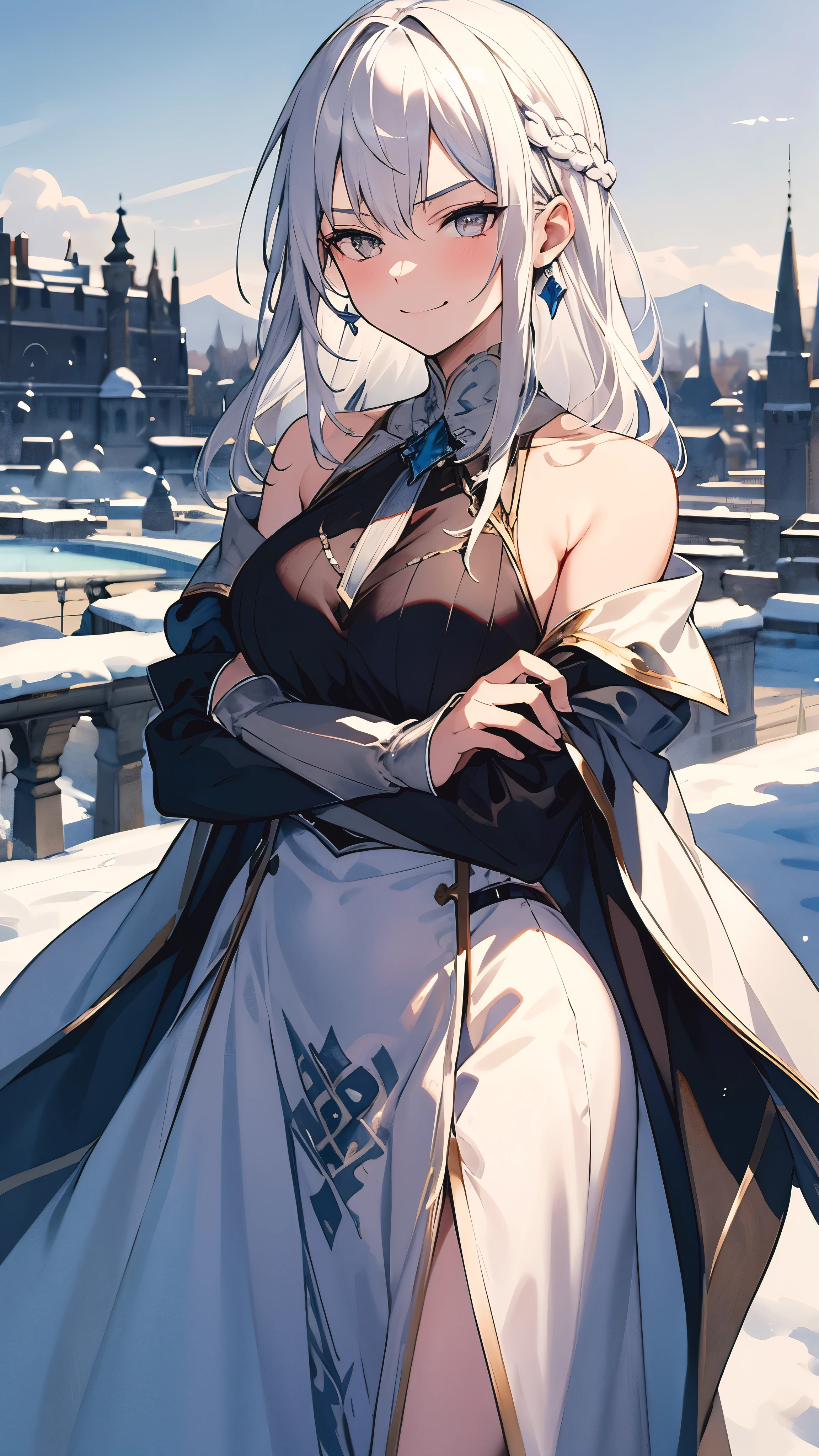 [[[ ultra-detailed, best quality, soft skin, beautiful, 4K]]], (masterpiece 2.1) pov, 1girl, gray eyes, white hair with shades of blue, regal medieval clothes, medium hair, shoulder-length hair, mature, evil smirking, arms crossed,  snowy royal gardens background 