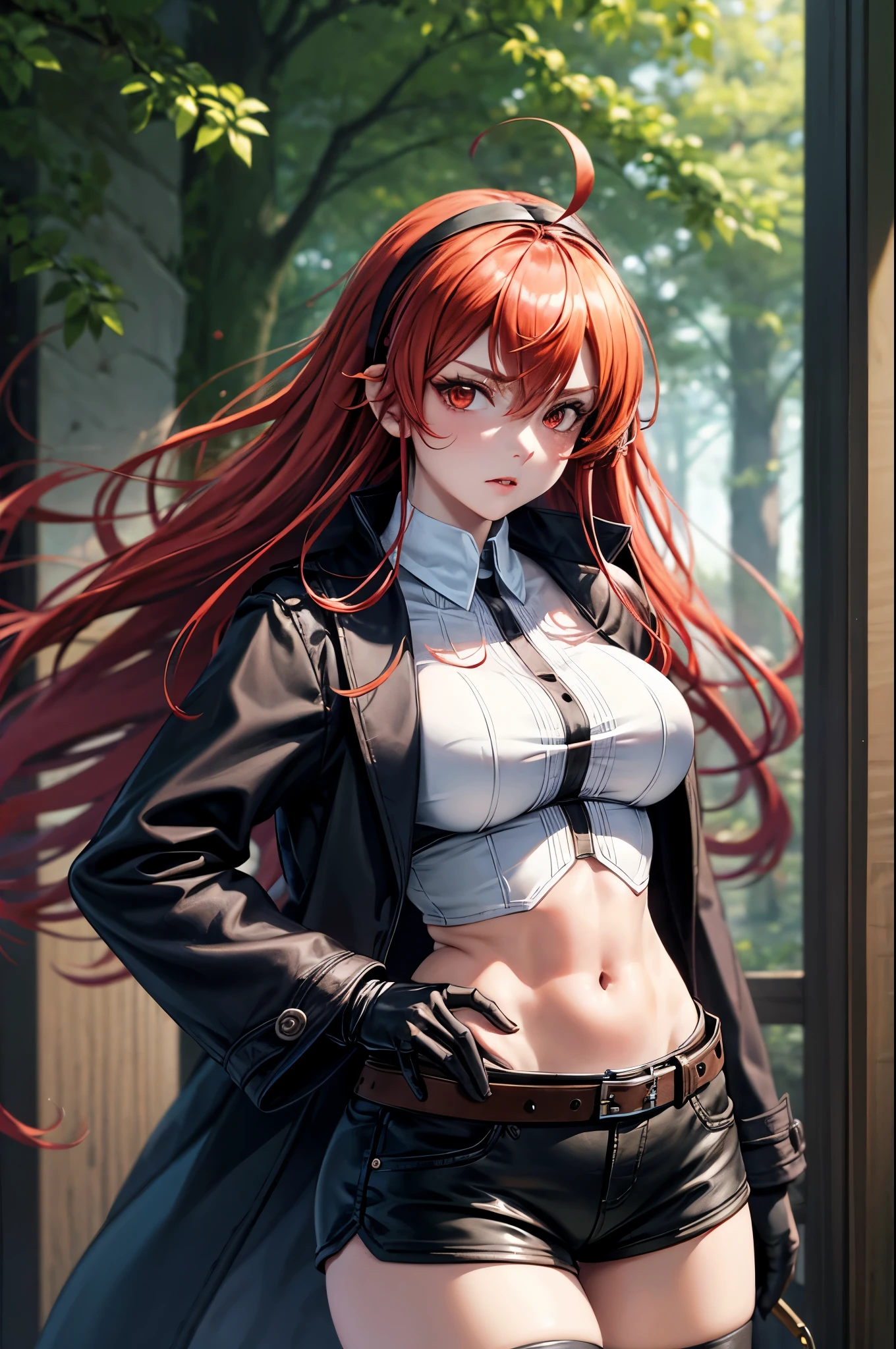 masterpiece, best quality, expressive eyes, perfect face, (cowboy shot), loking at viewer, crossed bangs, solo, 1girl, erisc, red hair, long hair, hairband, ahoge, red eyes, white shirt, large breasts, long hair, fur-trimmed jacket, black jacket, open jacket, coat, crop top, mature female, forest, sky, black thighhighs, gloves, long sleeves, navel, short shorts, black shorts, belt