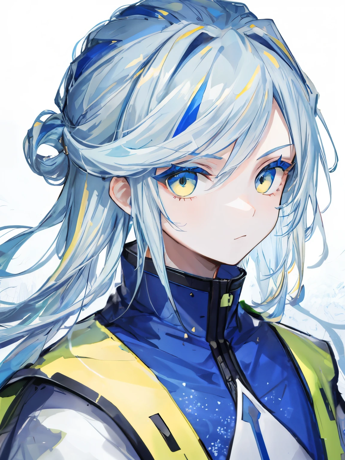 highest quality、best quality、super detailed、perfect face、very detailed、very delicate、1 boy, (cute), Angel, light blue hair、half up、place々Blue Mesh、blue and yellow gradient eyes、Noble attire、snow mountain、Snow blows、nature