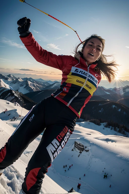 Create a visually striking scene that celebrates the courage and passion for extreme sports. Imagine a scenery of majestic mountains, where an intrepid athlete is about to perform a parachute jump amidst a stunning sunset. Destaque a intensidade do momento, capturing the freedom in the air and the pure emotion of the athlete challenging limits. Use warm tones and striking contrasts to convey the protagonist’s contagious energy and unwavering determination. This image should be a visual inspiration that motivates viewers to overcome their own obstacles and embrace the unique thrill of extreme sports.