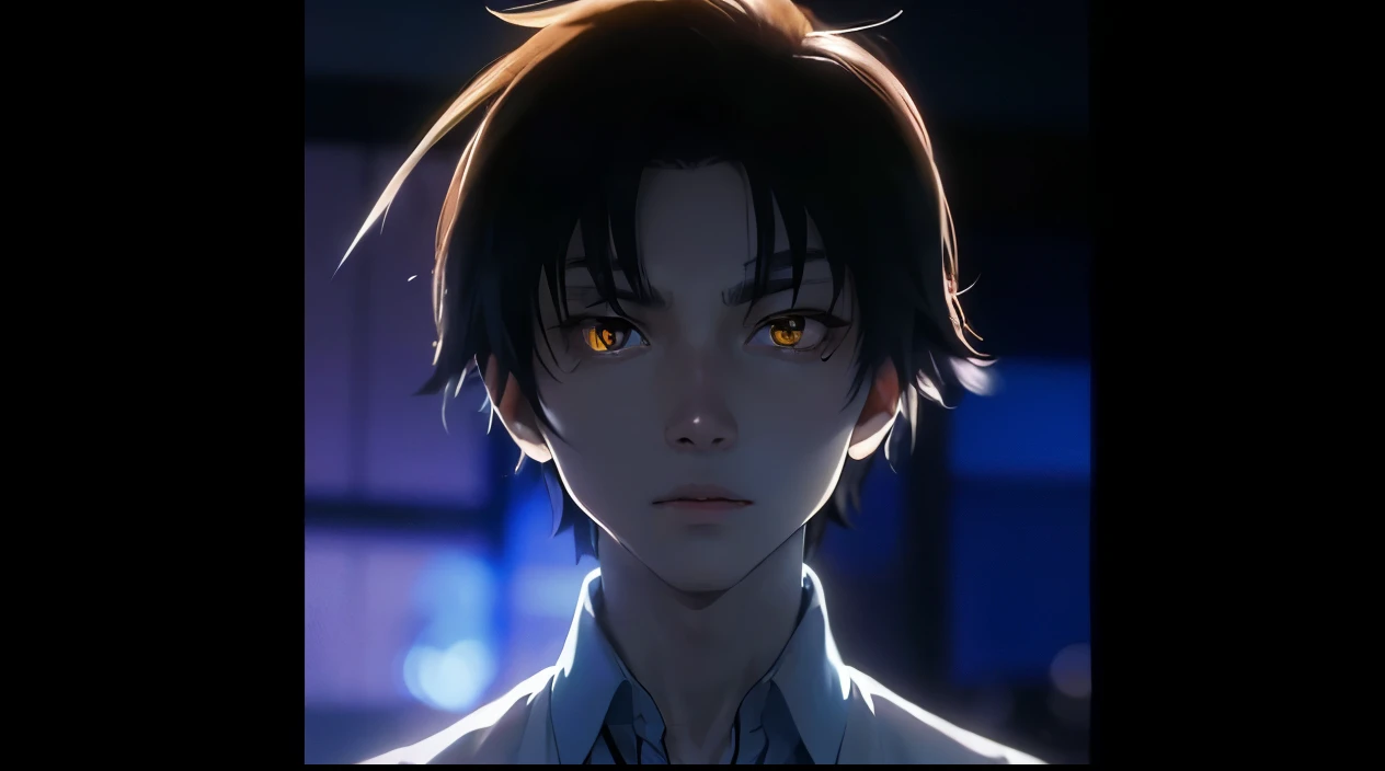 ultra realistic picture of anime male character Ayanokouji Kiyotaka, 17 years, standing, brown curtain messy hair, dark yellow eyes, glowing eyes, flat face, no expression, intimidating luminous eyes,sharp eyes, up eyebrows,wear school shirt, white shirt with blue tie, dark situation, shadowing character, anime character, classroom of the elite, blurry background,focused subject, detailed skin texture,Extreme detailed face,realistic hair, ultra quality rendering