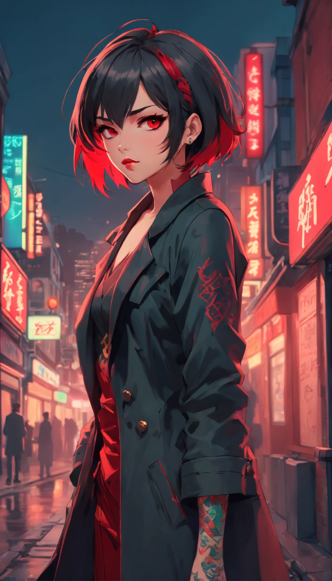 35mm, F/2.8, realistic (RAW Photo, Best Quality), ((Masterpiece, Best Quality, Ultra Detailed)),(best quality:1.1), (masterpiece:1.2), a blend of realistic (studio ghibli:0.5)and (Lois Van Baarle:0.5) captivating dark comic style ,insanely hyper-detailed and intricate, bioluminescent character elle fanning, Gang leader, full body girl, London 1814 year, overcast, badass posed, athletic physique, neckline, tattoos on torso, ((black-red vintage clothing:1.5)), matte top hat, black coat, sly look, roughened appearance, cinematic, cannon 6d, octane render, vintage aesthetic, realistic, mysterious aura, dark atmosphere, detailed face, mysterious aura, bright skin, messy gray hair, dark makeup, full lips, dark red lipstick, neon. 8k., ((Fine Details: intricate tattoos, clothing texture)), ((Colorful Effects: cool color)), hyper-detailed epic night grave background.