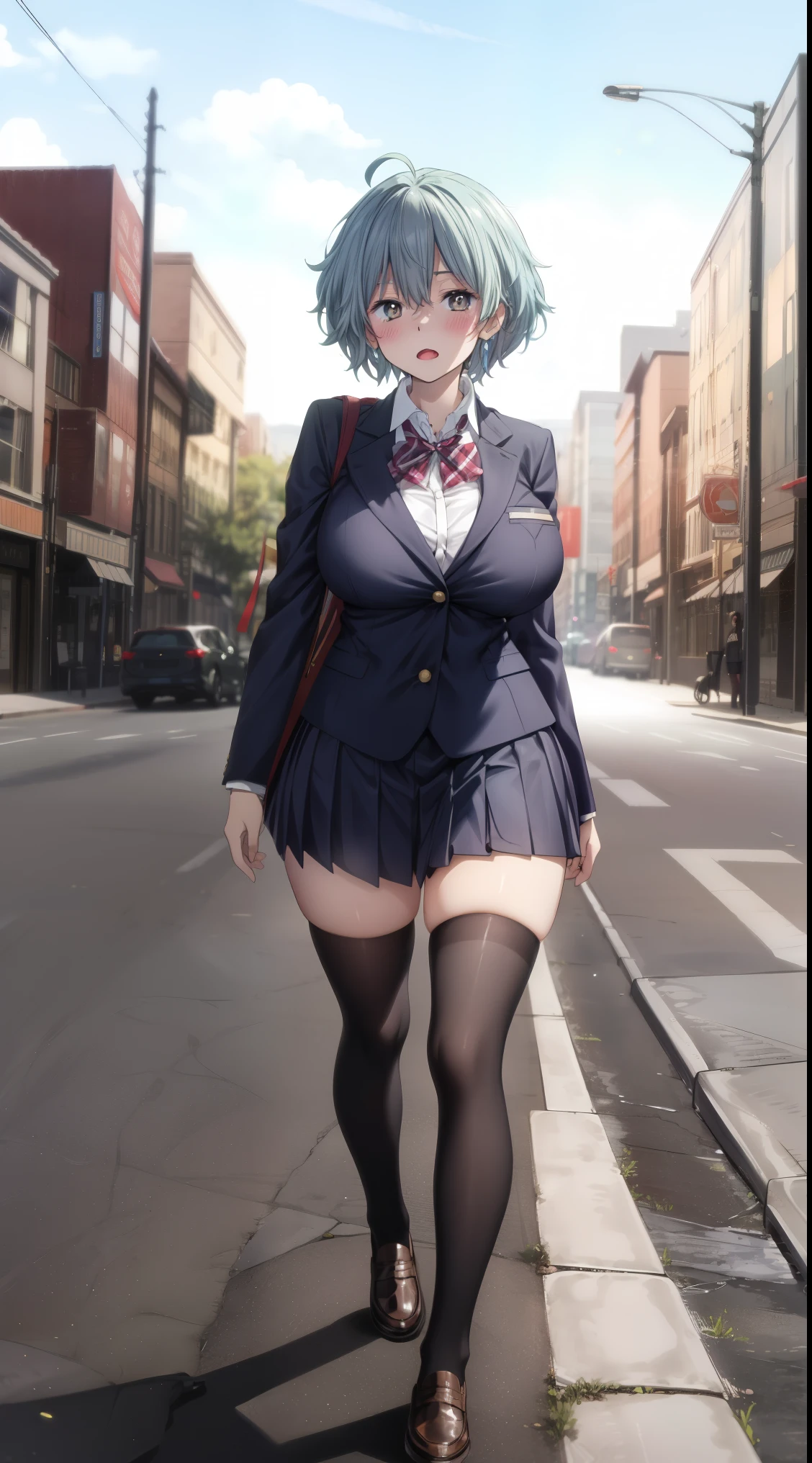 (Beautiful, Huge_Breasts), short skirt, illustration of women in school uniform, short hair, blue hair, blush, bangs, closed mouth, brown eyes,
1 girl, 20yo,YOUNG female, Beautiful Finger, Beautiful long legs ,Beautiful body ,Beautiful Nose ,Beautiful character design, perfect eyes, perfect face,(Beautiful,Huge_Breasts:1.3)
an anime/cartoon character wearing a girls school uniform walking upright with straight posture and an open mouth, 1girl, solo, thigh-highs, ブレザー burezaa (Blazer), ahoge, long hair, white thighhighackground, hand on hip, full body, bow, school uniform, looking at viewer, bowtie, shoes, loafers, ribbon,
official art, extremely detailed CG unity 8k wallpaper, perfect lighting,Colorful, Bright_Front_face_Lightinasterpiece:1.0),(best_quality:1.0), ultra high res,4K,ultra-detailed,
photography, 8K, HDR, highres, absurdres:1.2, Kodak portra 400, film grain, blurry background, bokeh:1.2, lens flare, (vibrant_color:1.2)
, (beautiful_face:1.5),(narrow_waist),