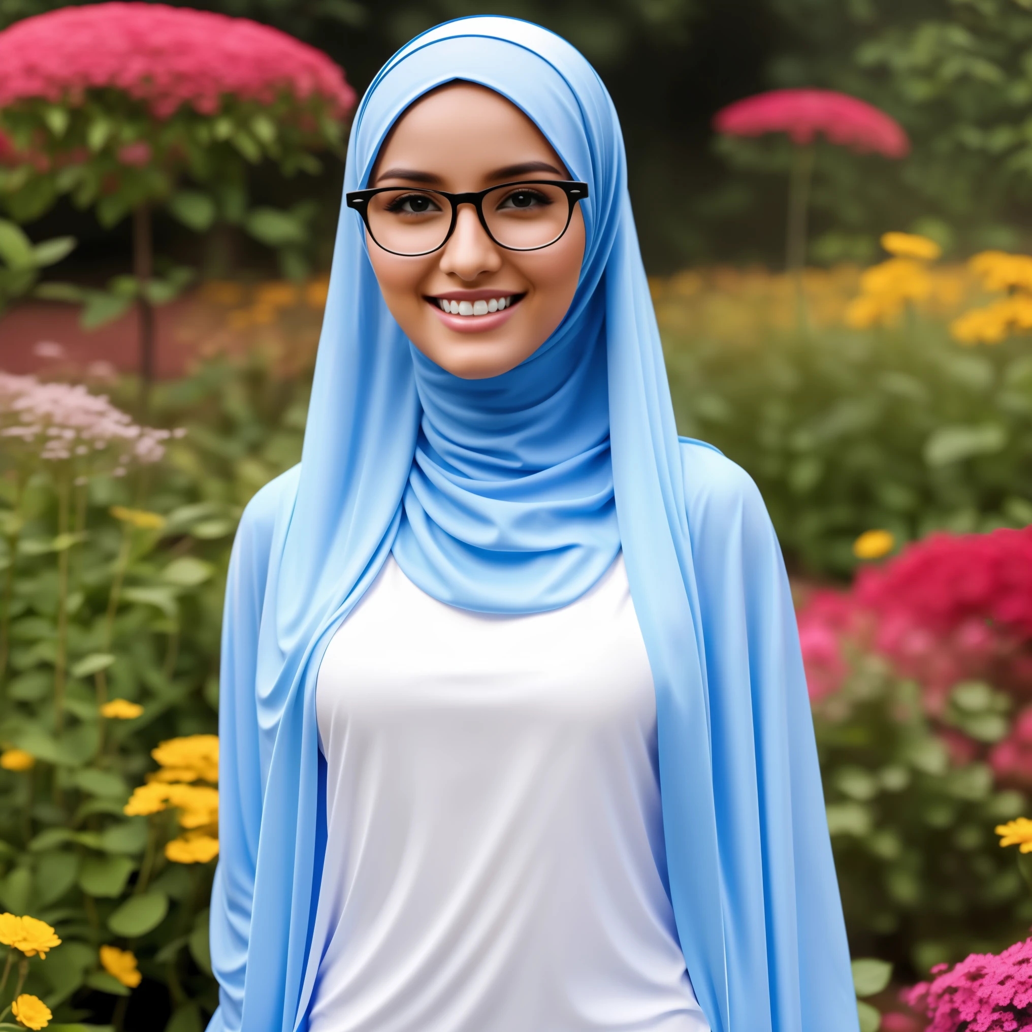 full body image of ultra realistic,16k, enhanced quality, perfect face, perfect hands, perfect body, ultra detailed, perfect hair, girl wearing glasses, perfect glasses, perfect smile, ultra realistic, ultra realistic background, full body image, posing for photo in flower garden, girl wearing perfect hijab,full body shooting, ultra realistic particles, perfect duck lips, full body shooting, Islamic hijab,