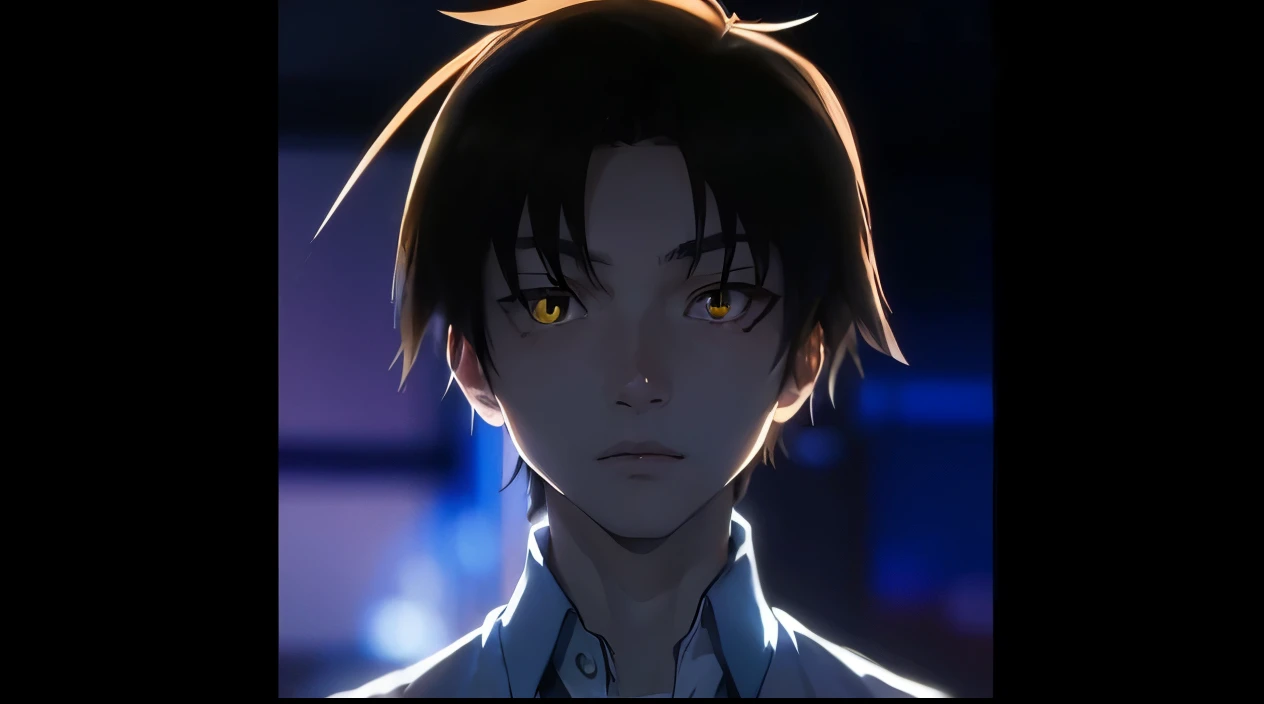 ultra realistic picture of anime male character Ayanokouji Kiyotaka, 17 years, standing, brown curtain messy hair, dark yellow eyes, glowing eyes, flat face, no expression, intimidating luminous eyes,sharp eyes, flat straight eyebrows,wear school shirt, white shirt with blue tie, dark situation, shadowing character, anime character, classroom of the elite, blurry background,focused subject, detailed skin texture,Extreme detailed face,realistic hair, ultra quality rendering