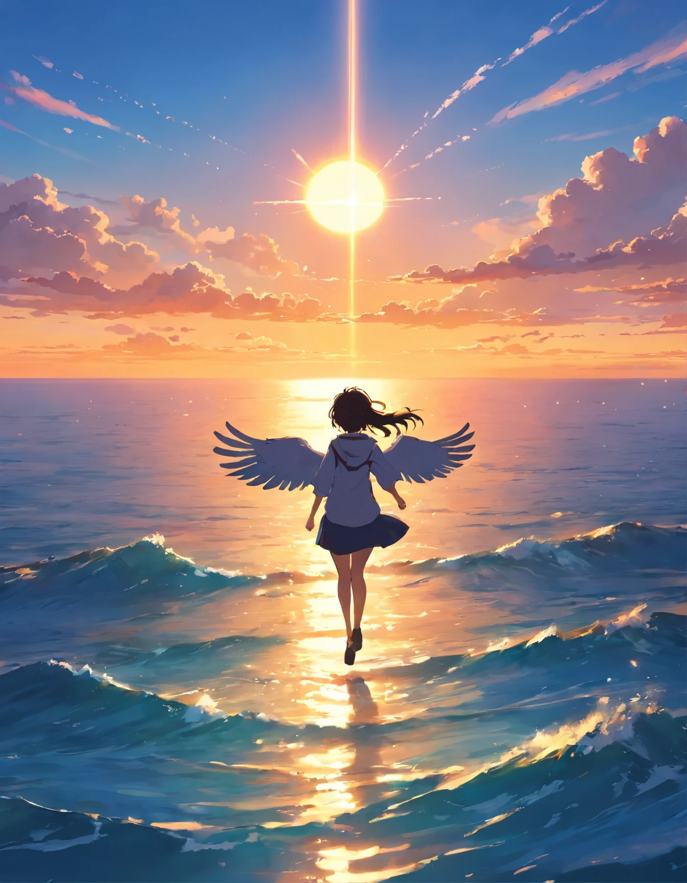 background,Above the sea, sunset , person with wings flies above the sea towards the sun 