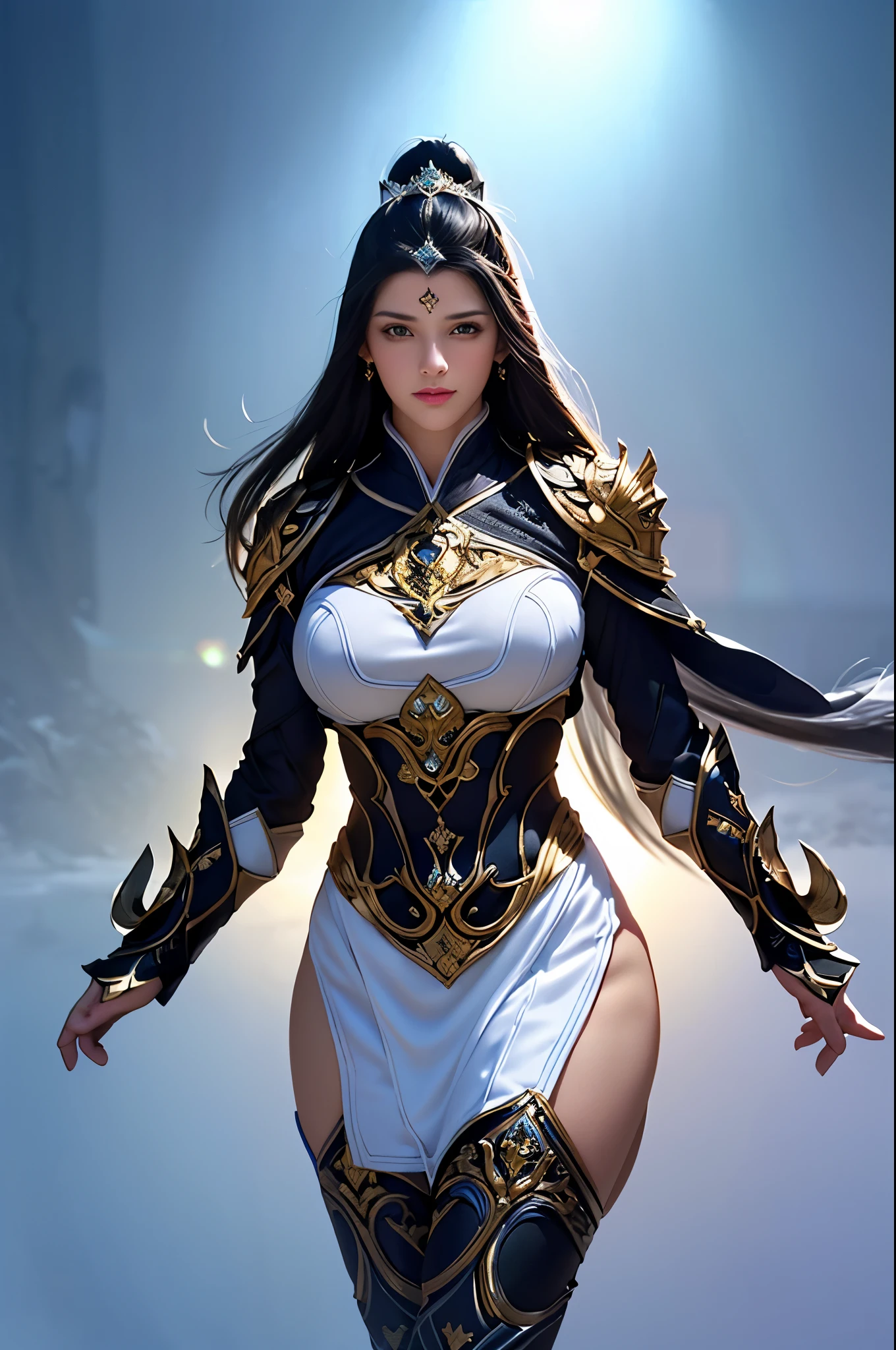 1girl, depth of field, official art, unity 8k wallpaper, ultra detailed, illustration, beautiful and aesthetic, masterpiece, best quality, knight, (big breasts), (milf, mature female), (black armor, armor, breastplate), beautiful face, (long hair, black hair, very straight hair:1.4, hime cut:1.4), blue eyes, cowboy shot, glowing skin, back lighting, athletic figure, muscular female, curvy, wide hips, colorful, looking at viewer, Hyperrealistic, gradient background, dark background, outline, fantasy, from the front, watercolor, traditional media, (chromatic aberration, intricate details)