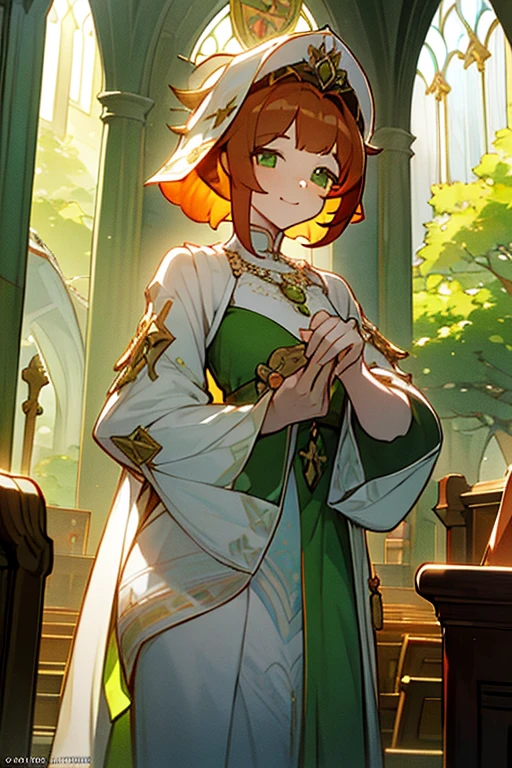 (Masterpiece: 1.5, best quality, high resolution: 1.3, super resolution, super detailed, ultra detailed: 1.3, rich background: 1.2, 1 woman)) pale skin + reddish hair + fluffy curly hair + lime green eyes + long eyelashes + feminine body + large chest + wide hips + thick thighs (priestess attire, modest outfit, delicate and innocent lace, necklace hanging from her neck) ((smiles, turning to look at the viewer, lonely church in the background, sunlight) ) (colors for clothing and accessories: black, white, cream, light blue, lime green)