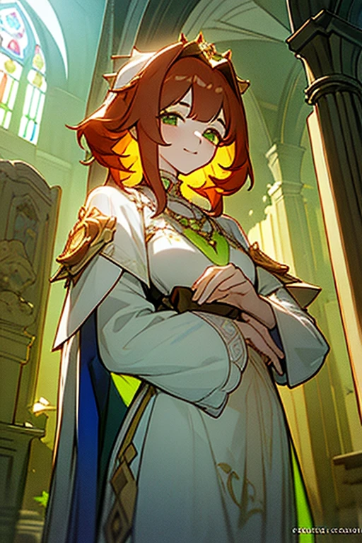 (Masterpiece: 1.5, best quality, high resolution: 1.3, super resolution, super detailed, ultra detailed: 1.3, rich background: 1.2, 1 woman)) pale skin + reddish hair + fluffy curly hair + lime green eyes + long eyelashes + feminine body + large chest + wide hips + thick thighs (priestess attire, modest outfit, delicate and innocent lace, necklace hanging from her neck) ((smiles, turning to look at the viewer, lonely church in the background, sunlight) ) (colors for clothing and accessories: black, white, cream, light blue, lime green)