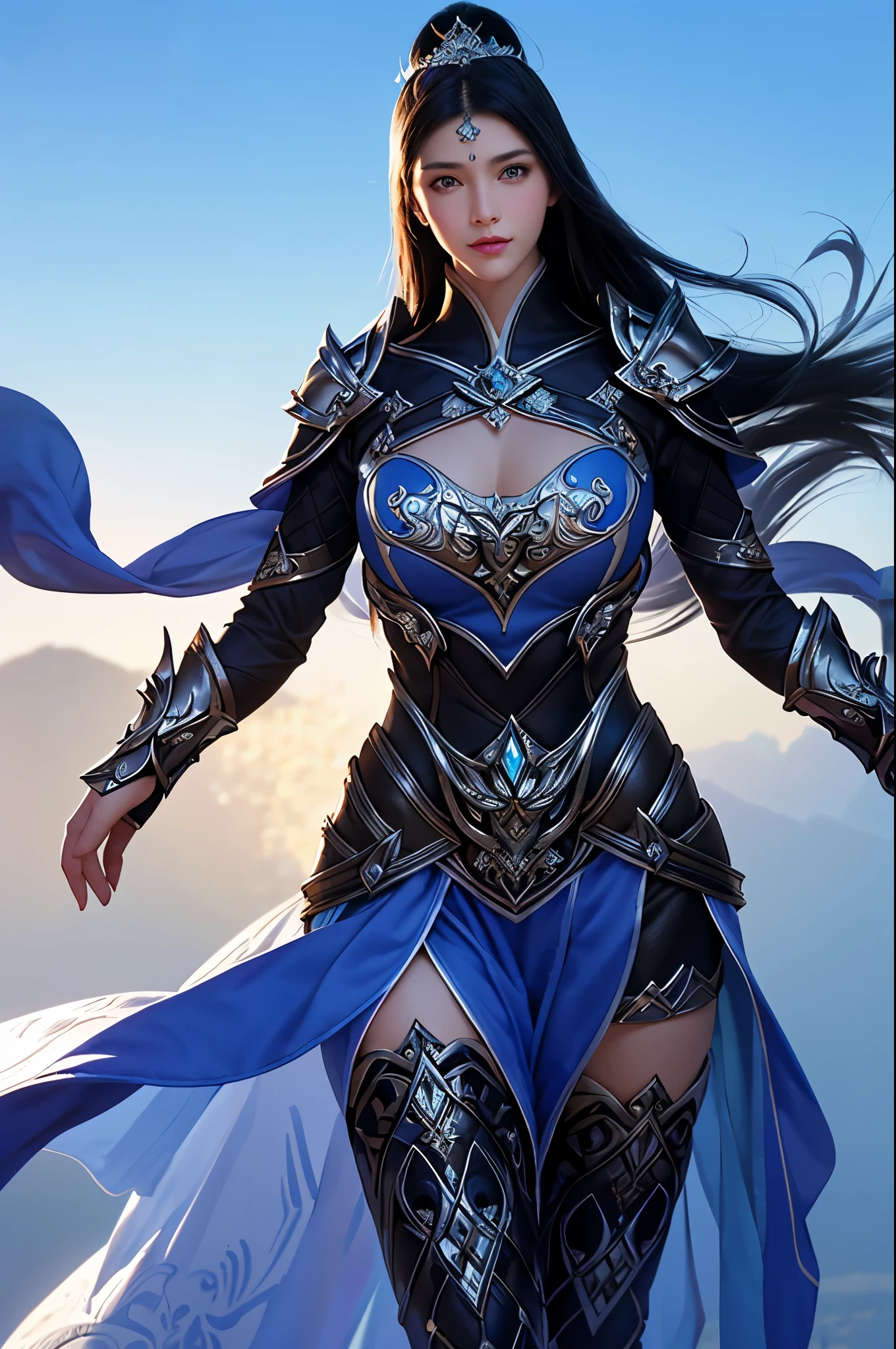 1girl, depth of field, official art, unity 8k wallpaper, ultra detailed, illustration, beautiful and aesthetic, masterpiece, best quality, knight, (big breasts), (milf, mature female), (black armor, armor, breastplate), beautiful face, (long hair, black hair, very straight hair:1.4, hime cut:1.4), blue eyes, cowboy shot, glowing skin, back lighting, athletic figure, muscular female, curvy, wide hips, colorful, looking at viewer, Hyperrealistic, gradient background, dark background, outline, fantasy, from the front, watercolor, traditional media, (chromatic aberration, intricate details)