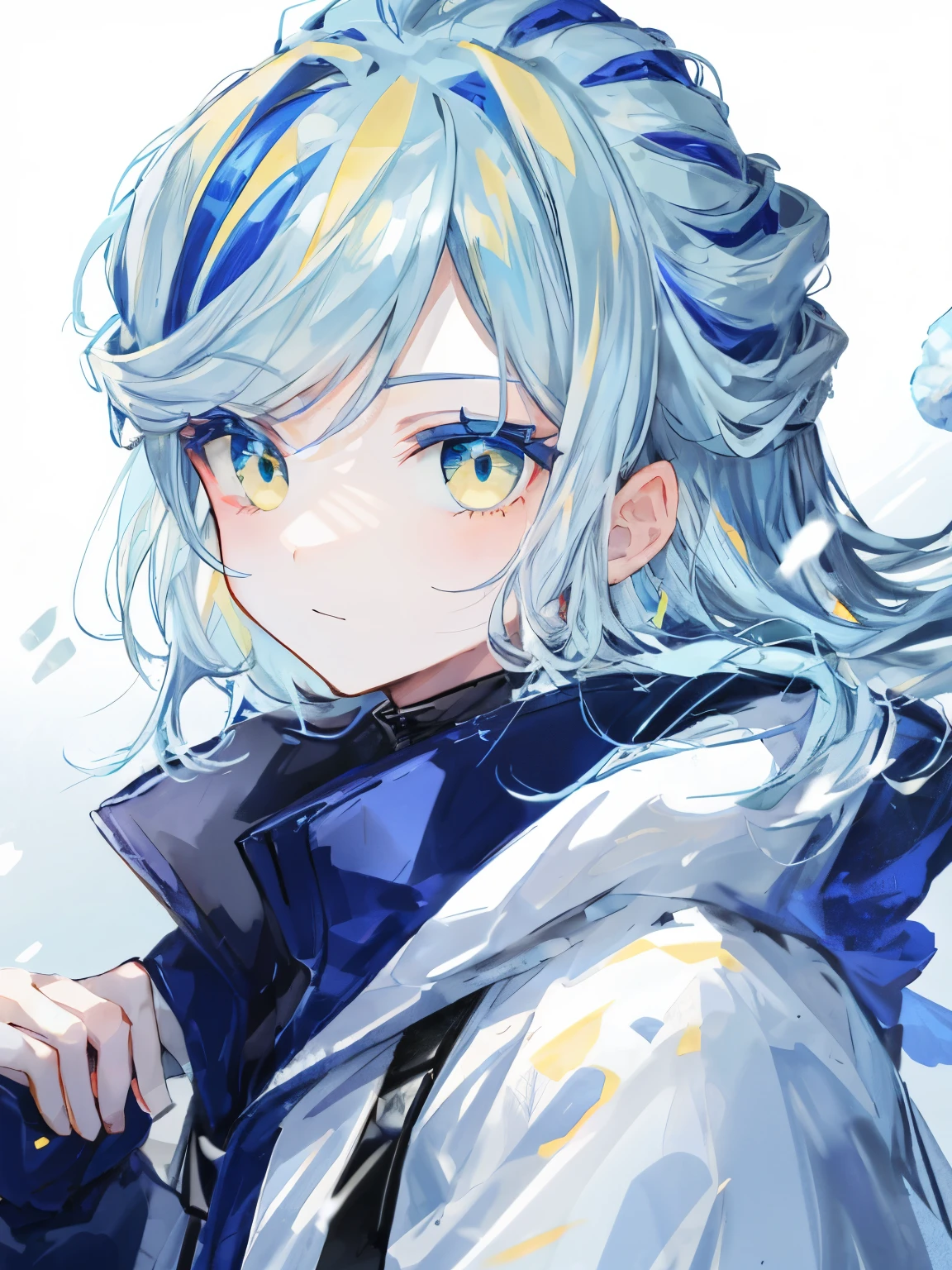 highest quality、best quality、super detailed、perfect face、very detailed、very delicate、1 boy, (cute), Angel, light blue hair、half up、place々Blue Mesh、blue and yellow gradient eyes、Noble attire、snow mountain、Snow blows、nature