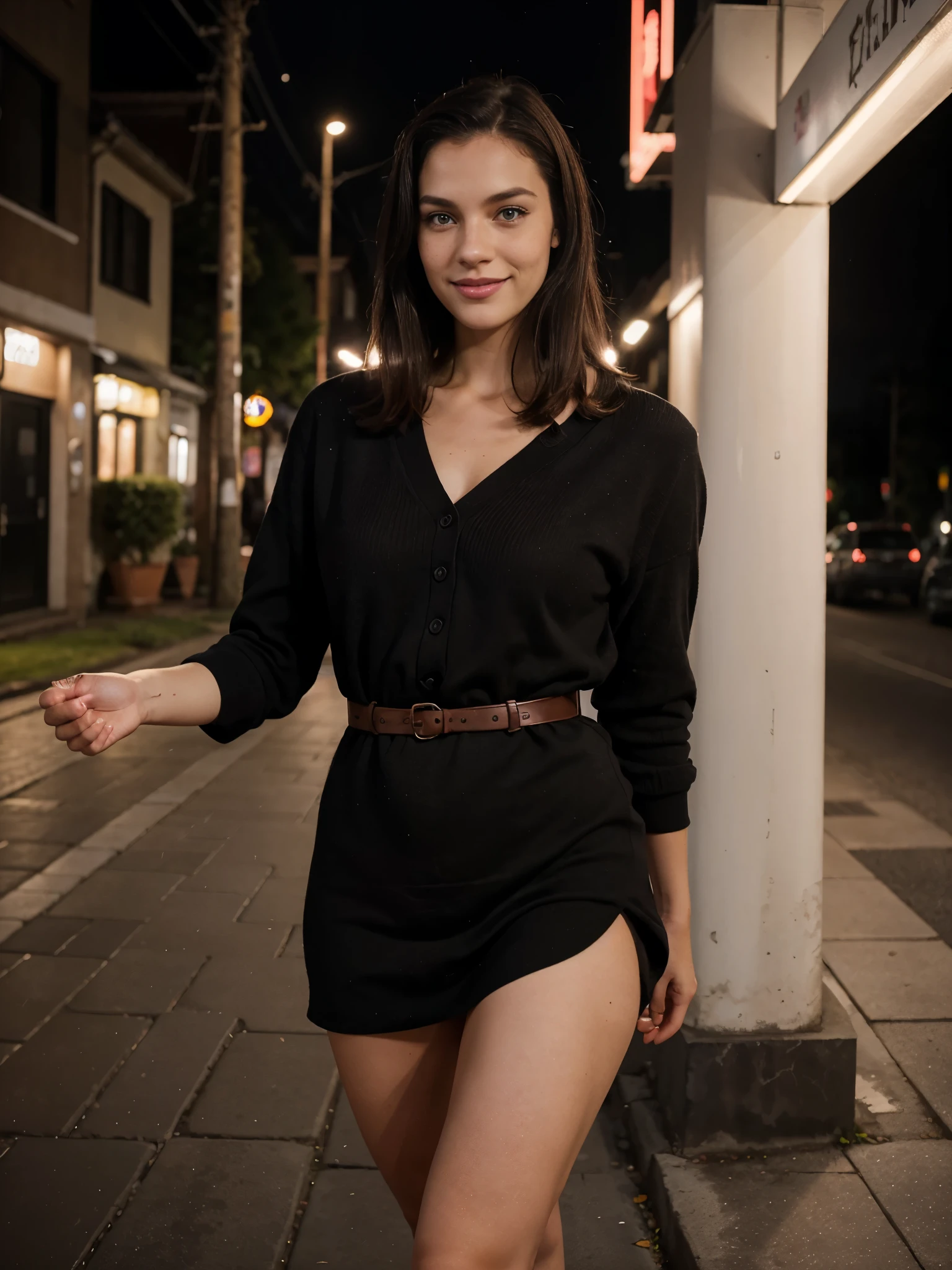 night shot of a 30 year old Finland beautiful model, wearing classy outfit, smiling and walking outside, light brown eyes, 6ft tall, minimal freckles, pink lips, straight black hairs, realistic skin texture, realistic photography