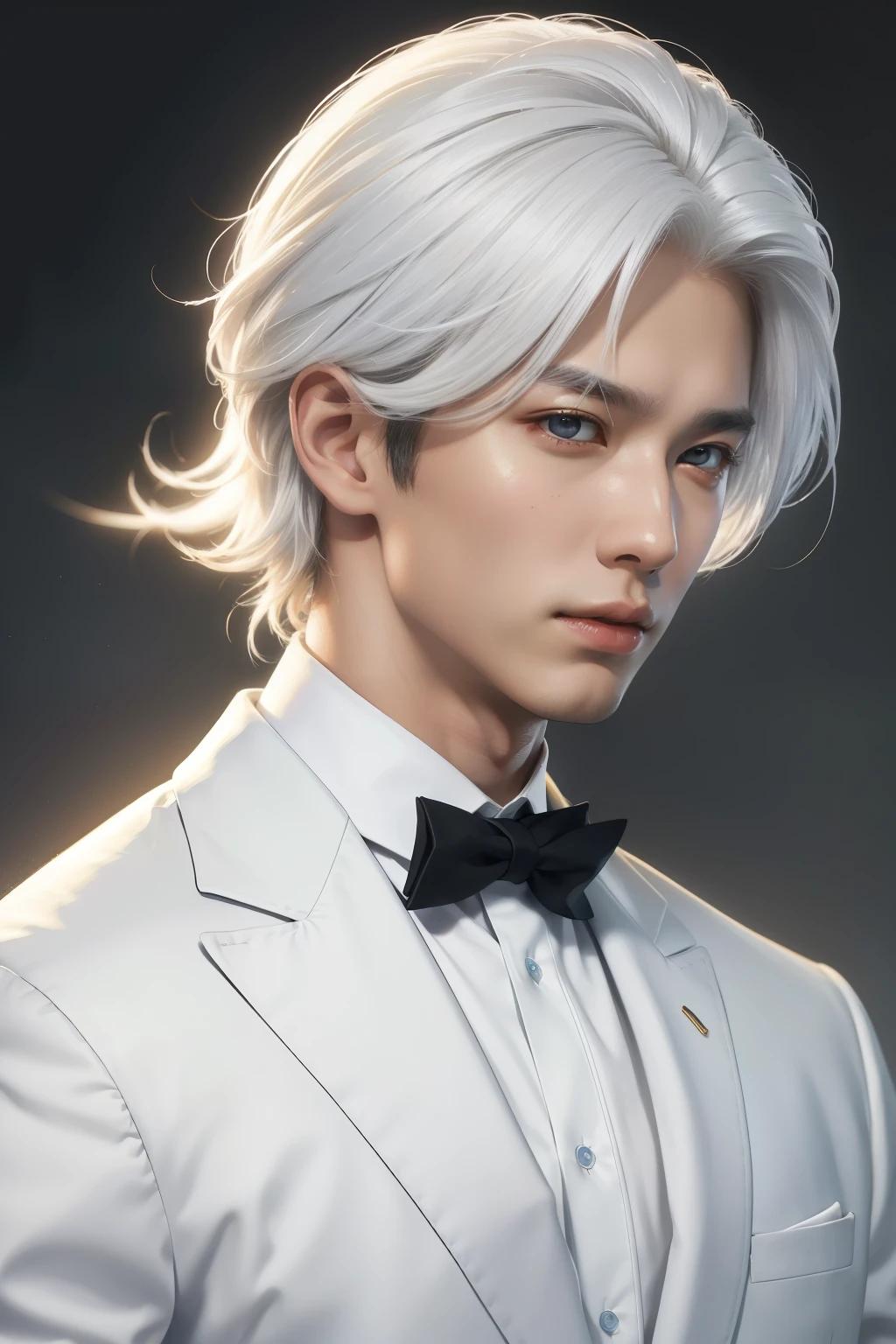 (RAW photo, best quality), (realistic, photo-realistic:1.3), best quality, highly detailed, masterpiece, ultra-detailed, illustration, 1model, upper body, dynamic angle, world masterpiece theater, smart clothes, 20 years old, Asian male, white hair.
This image showcases a sophisticated and trendy Asian male model, dressed in smart attire, with a striking white hairdo. The high-definition illustration, rendered in 4K resolution, offers a highly detailed and realistic depiction of his facial features, framed by the white hair that sets off his youthful appearance. The illustration captures the dynamic energy of the model, with