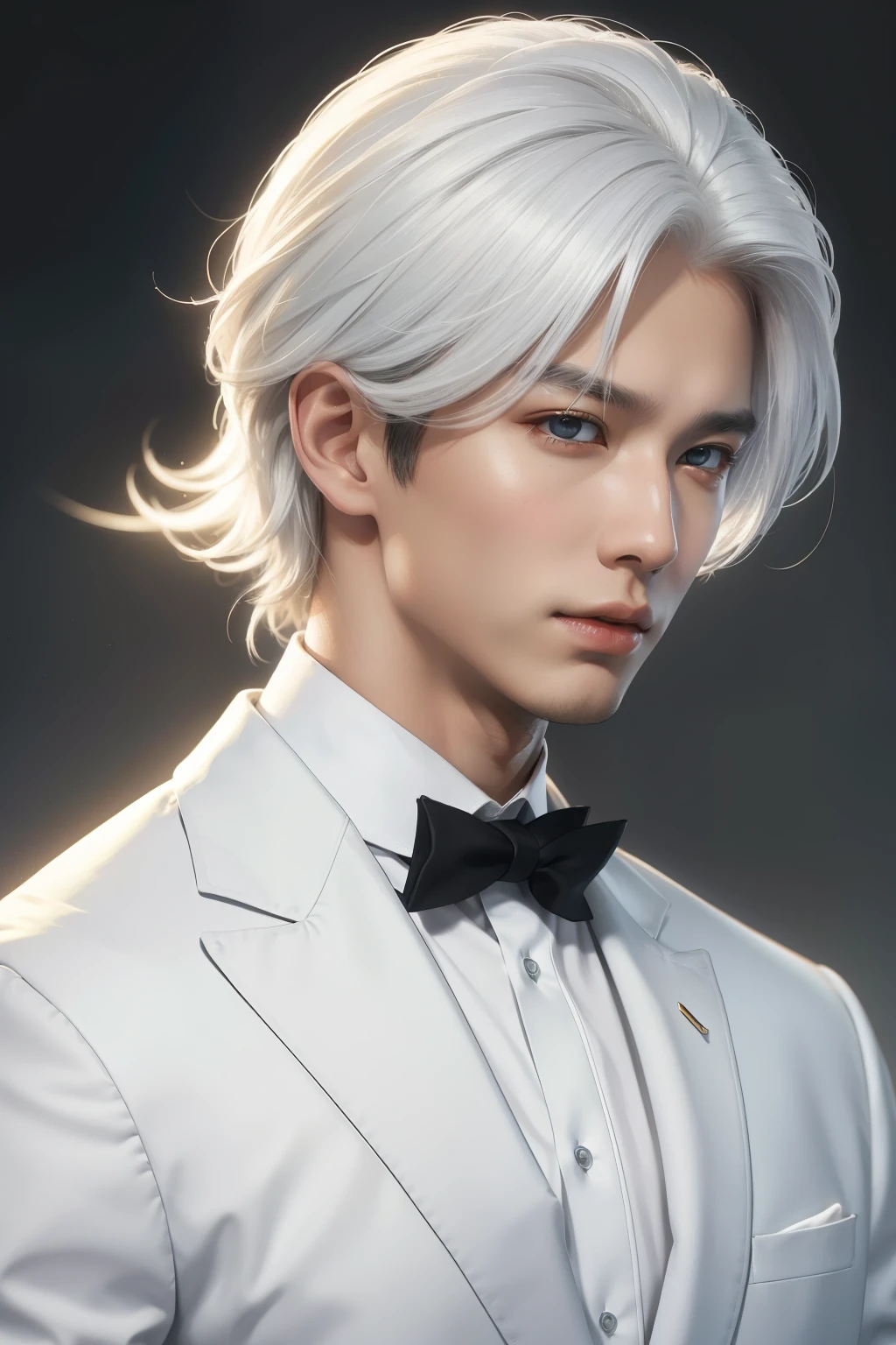 (RAW photo, best quality), (realistic, photo-realistic:1.3), best quality, highly detailed, masterpiece, ultra-detailed, illustration, 1model, upper body, dynamic angle, world masterpiece theater, smart clothes, 20 years old, Asian male, white hair.
This image showcases a sophisticated and trendy Asian male model, dressed in smart attire, with a striking white hairdo. The high-definition illustration, rendered in 4K resolution, offers a highly detailed and realistic depiction of his facial features, framed by the white hair that sets off his youthful appearance. The illustration captures the dynamic energy of the model, with
