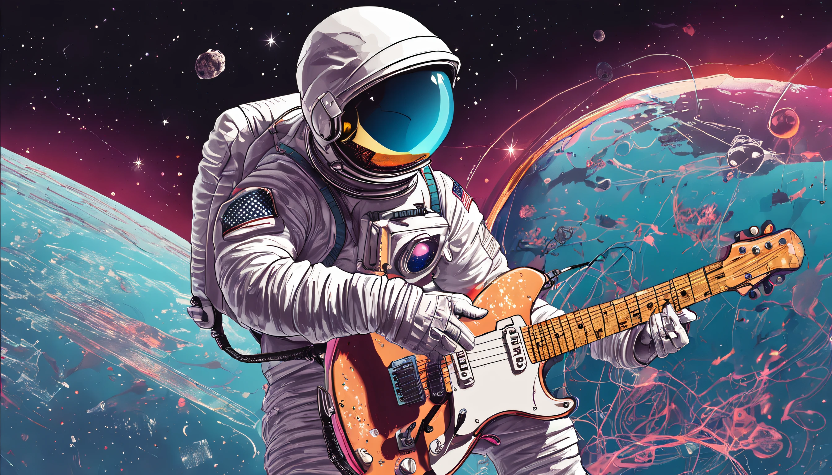 (Detailed description) Astronaut in sunglasses playing an electric guitar of model Les Paul