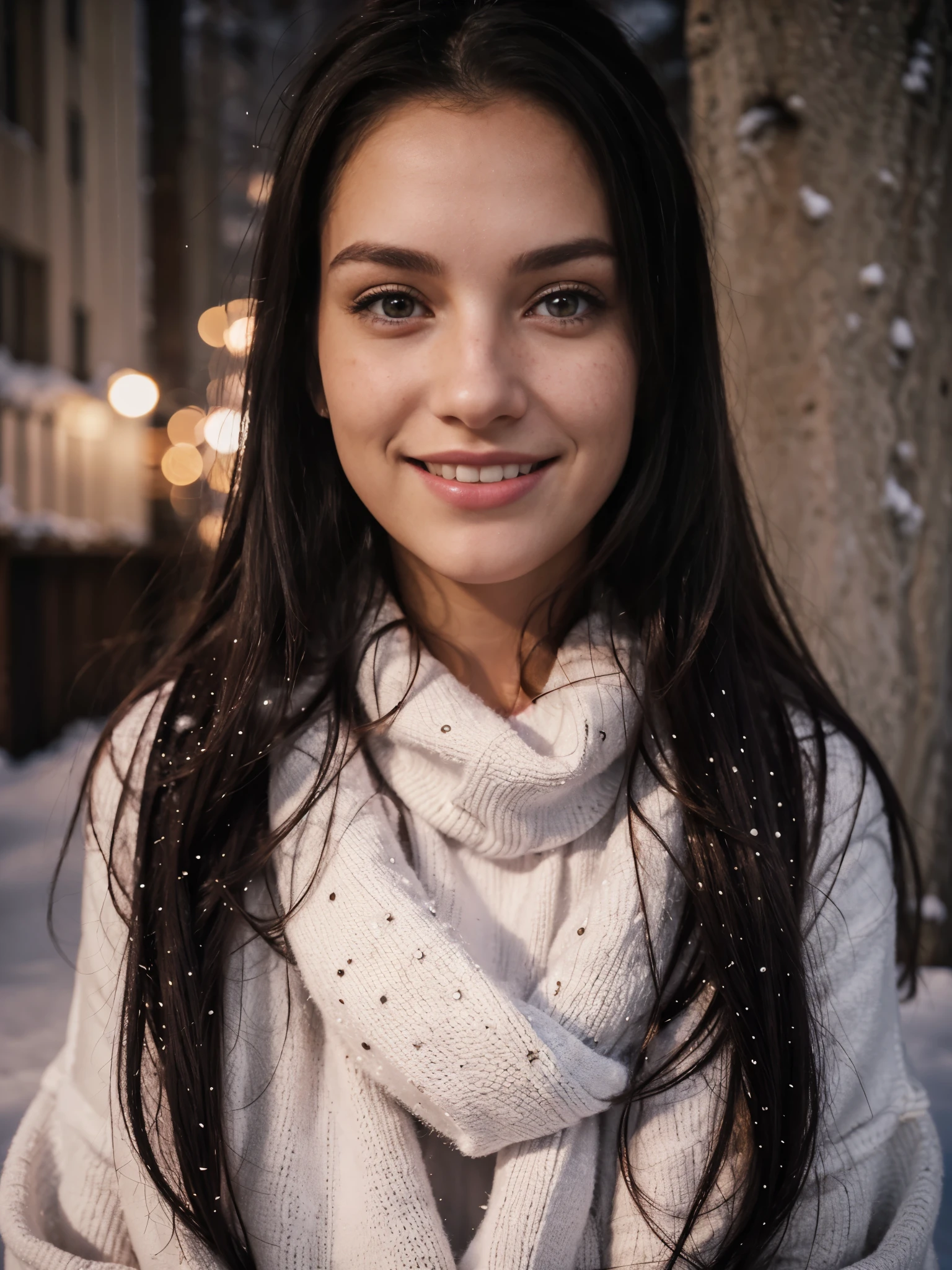 night shot of a 30 year old Finland beautiful model, wearing cozy outfit, smiling in snow, light brown eyes, 6ft tall, minimal freckles, pink lips, straight black hairs, realistic skin texture, realistic photography