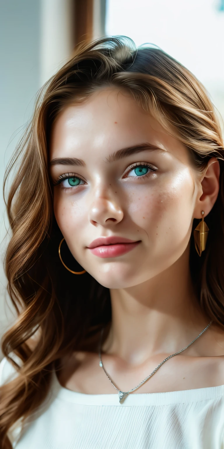 A hyper-realistic photograph of the face of a beautiful 18-year-old girl from Russia, taken with a Canon EOS 5D Mark IV camera. She has long and wavy brown hair, green eyes and freckles. She is smiling and looking at the camera. She wears a pearl earring on her left ear and a silver necklace on her neck. She has a clear and rosy skin, with a soft makeup on her eyes and lips. She has a cheerful and confident expression. The photograph has a shallow depth of field, which blurs the background and highlights the face of the young girl. The white balance is adjusted for a natural and soft light. The ISO is low to avoid noise. The exposure is balanced to capture the details and colors. The contrast, saturation and sharpness are moderate to create a realistic and photographic effect.  RAW,(masterpiece) (perfect proportions) (realistic photos) (highest quality) (detail) shot with Canon EOS R5, 50mm lens, f/2.8, HDR, (wallpaper) (cinematic lighting) (dramatic lighting) (sharp focus) (complex), (face close-up), realistic shadows, hyper-realistc.