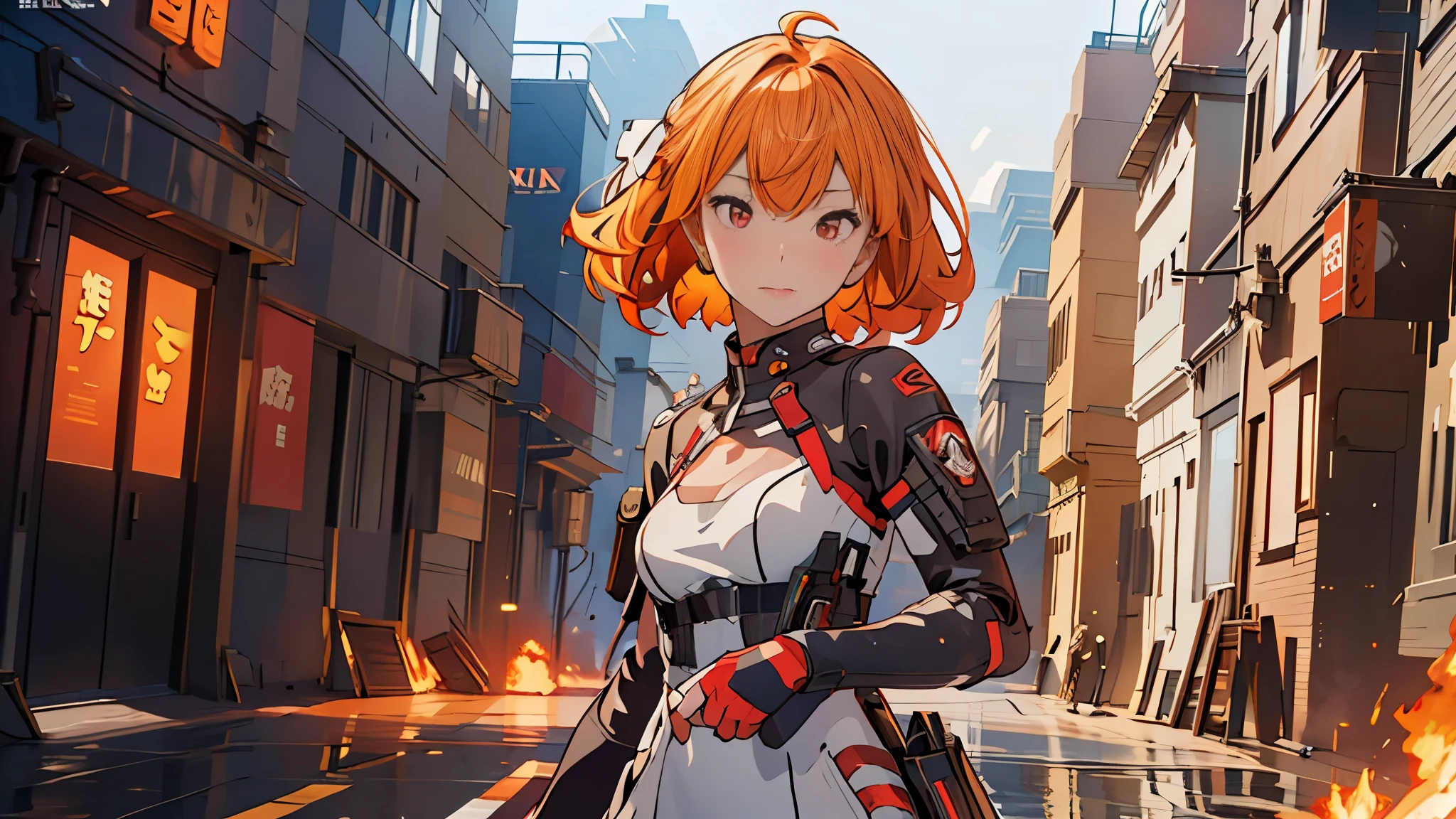 The alone young girl , short light blond hair , red eyes , standing , shotgun , sci-fi city , High detail mature face, combat suit, white glove, black boot, Standing, High detail mature face, combat suit, high res, ultra sharp, She stands confidently in the center of the poster, Shooting pose，explosion effect, a determined expression on her face。The background is dark and gritty，There is a sense of danger and a strong feeling。The text is bold and eye-catching，With catchy slogans，Adds to the overall drama and excitement。The color palette is dominated by dark colors，Dotted with bright colors，Make the poster dynamic and visually striking，(Magazines:1.3), (Cover-style:1.3), Fashion, vibrant, Outfit, posing on a, Front, rich colorful，Background with，element in，self-assured，Expressing the，halter，statement，Attachment，A majestic，coil，Runt，Touching pubic area，Scenes，text，Cover of a，boldness，attention-grabbing，titles，Fashion，typeface，，Best quality at best，Hyper-detailing，8K ，hyper HD