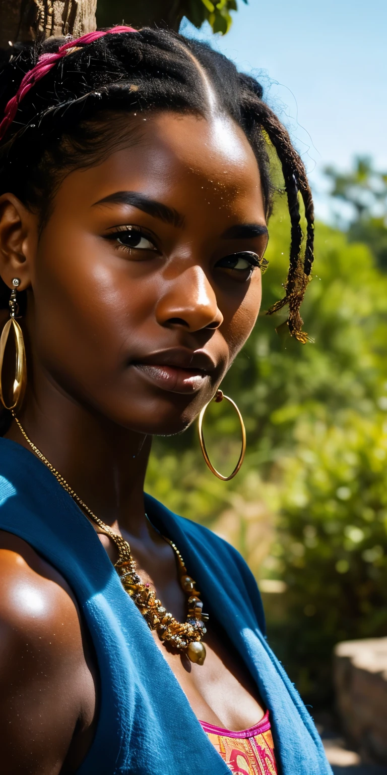 (((close-up face))), show skin details. A hyper-realistic photograph of a 15th century African warrior, taken with a professional camera. She is standing, holding a spear in her right hand, and looking ahead with determination. She wears typical combat attire of African tribes, such as a colorful turban, a bead necklace, a leather vest, a printed fabric skirt and metal bracelets. She has dark skin, braided hair and simple makeup. The background is a natural landscape, with trees, rocks and blue sky.
 RAW,(masterpiece) (perfect proportions) (realistic photos) (highest quality) (detail) shot with Canon EOS R5, 50mm lens, f/2.8, HDR, (wallpaper) (cinematic lighting) (dramatic lighting) (sharp focus) (complex), (face close-up), realistic shadows, hyper-realistc.