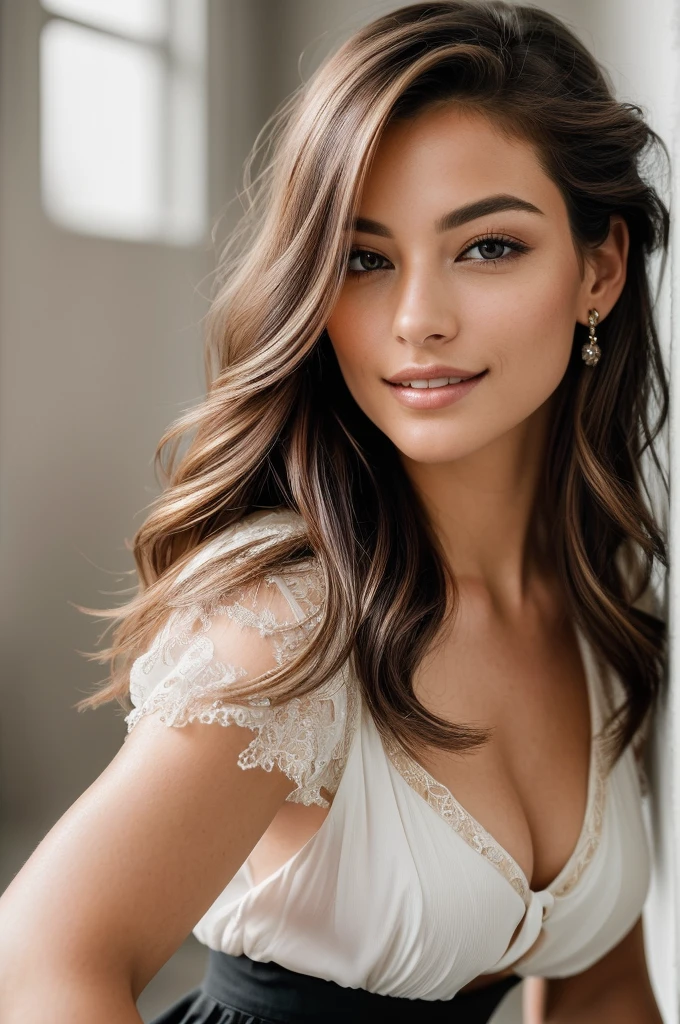 (breathtaking cleavage), and a captivating smile. ((Side lighting: 1.3)) adds depth and dimension to her ((highly detailed hair: 1.2)), which shines with a golden sheen. Her ((expression: 1.2)) is intense, as she locks eyes with the viewer, creating an undeniable connection. ((Detailed clothing: 1.1)) completes the image, with the delicate fabric of her blouse and the plaid pattern of her skirt vividly displayed. From every angle, this ((masterpiece: 1.1)) is a testament to the art of photography, showcasing the beauty and allure of this 2