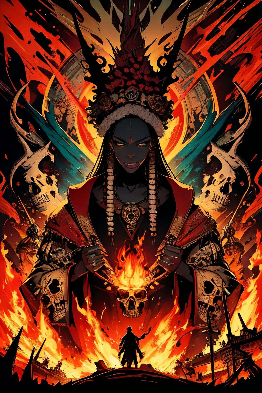 (Masterpiece, Best Quality), 8k Wallpaper, highly detailed, poster, Voodoo priest 1970s, exploitation, fire, skulls, bones, sexy, erotic, horror thriller cinematic movie poster, Bauhaus, shapes, lines, abstract, propaganda, movie poster, vintage, double exposure.