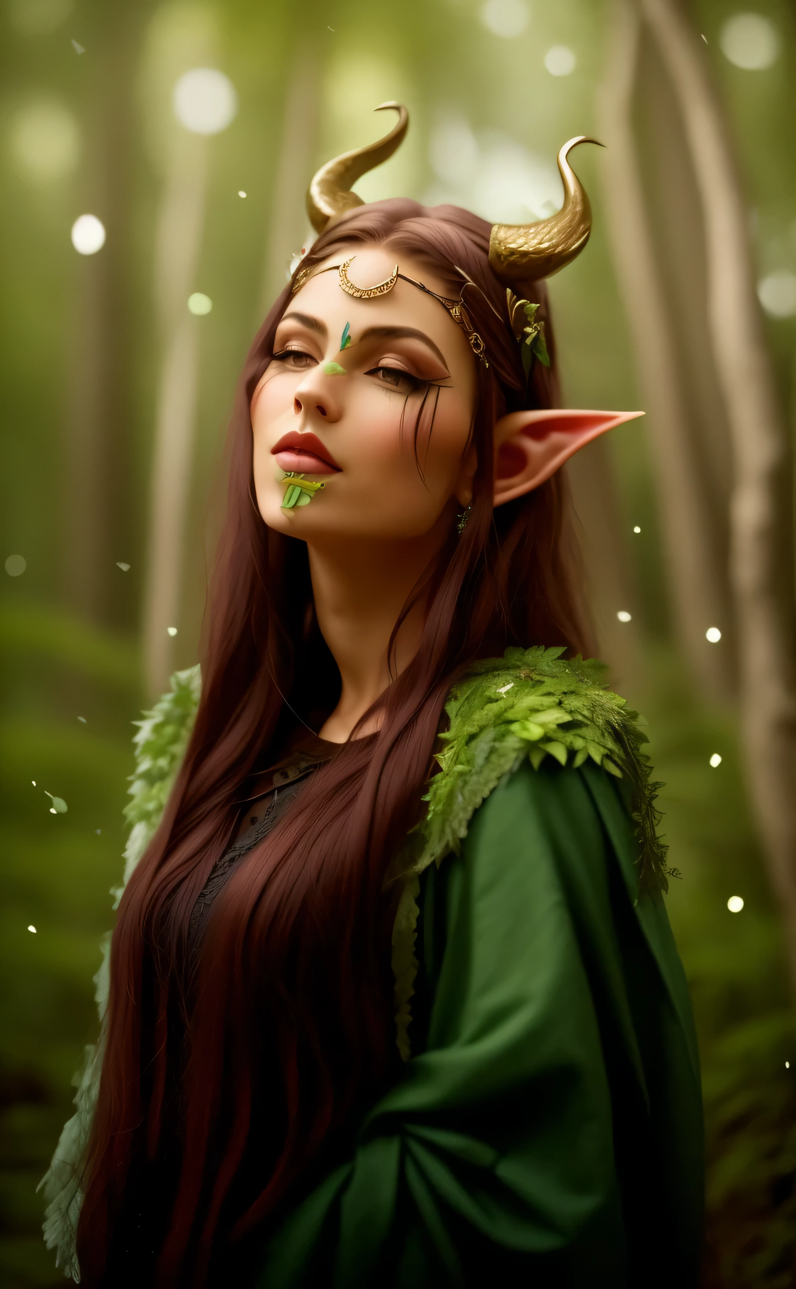 Arafed woman with horns and antlers on her head in the forest, she has elf ears , portrait of an elf queen, a portrait of an elf, portrait of a very beautiful elf, fantasy photoshoot, portrait of an elf, fantasy character photo, very beautiful elven top model, Side portrait of the elven royal family, Portrait of an elf sorceress
