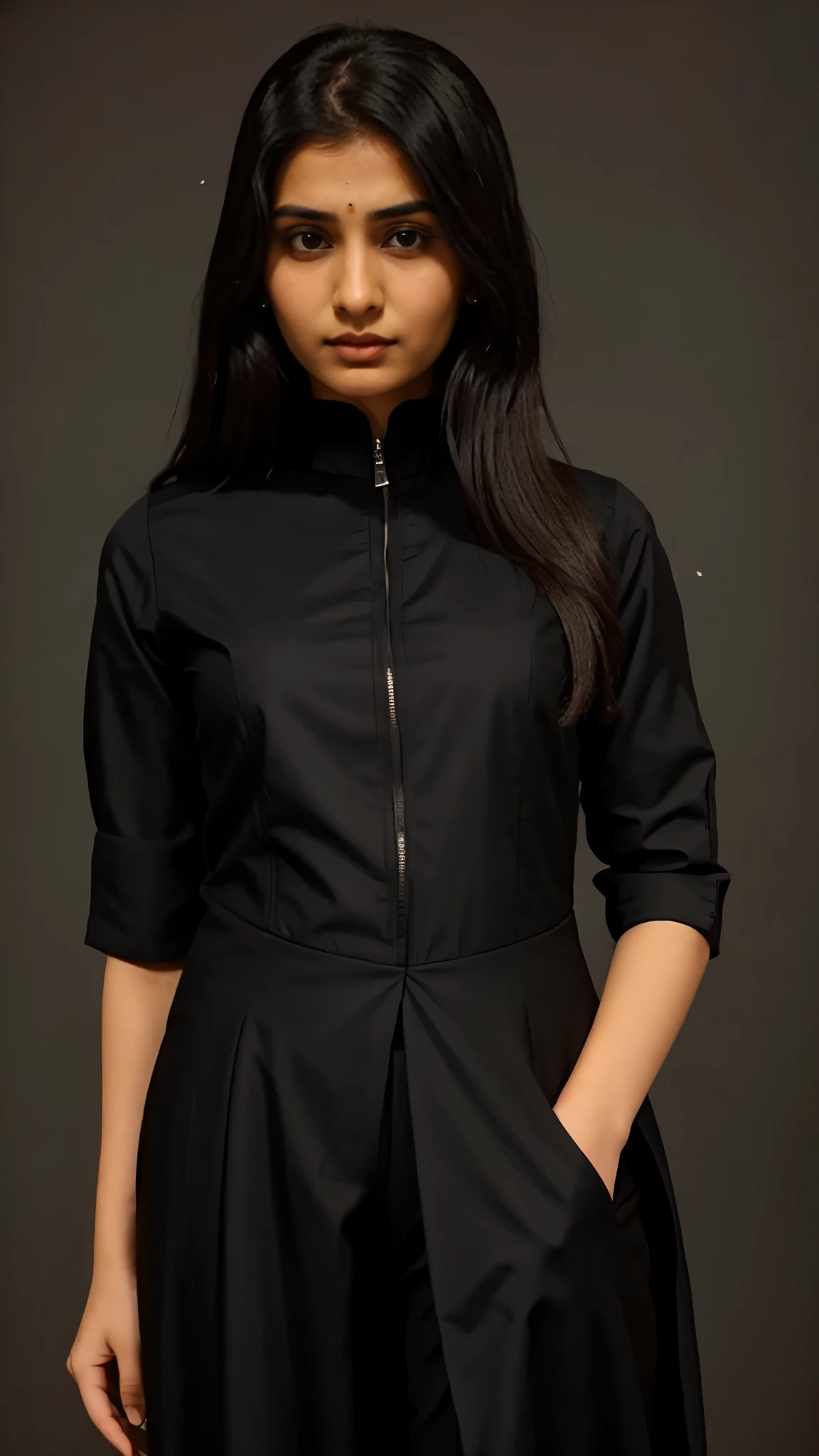 Girl wearing a black salwar suit , She should be looking directly at the camera