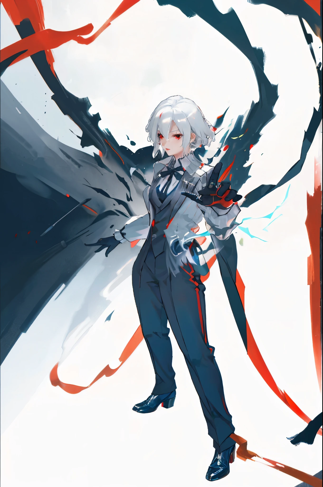 1 adult mature woman solo, white hair with black stripe, black and white formal suit, black pants, black gloves, red eyes, red background, cinematic light, dramatic shot