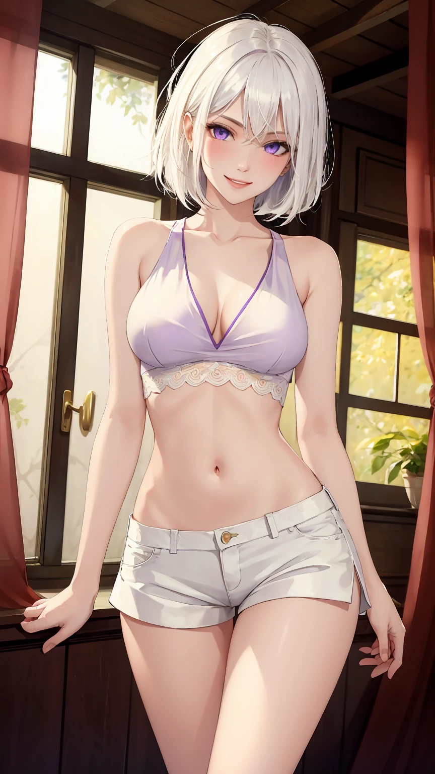 alone, 1 female, White skin, Purple eyes, Short wavy white hair, Bobcut, A braid like an arch on top of your hair, Sleeping in bed, Show your belly, Raise your arms, Underarm. (Down to the last detail), anime, Best Shadow, Depth of written boundary, (masterpiece), (Highest quality), 4K, High detail, Anatomically correct, Ultra-fine semi-transparent wet yarn, Wearing wet, see-through thin panties, Glittering Skin, sweating, Emphasize the thighs and crotch, Camel Toe, Average chest, Cleavage, Sherman 240