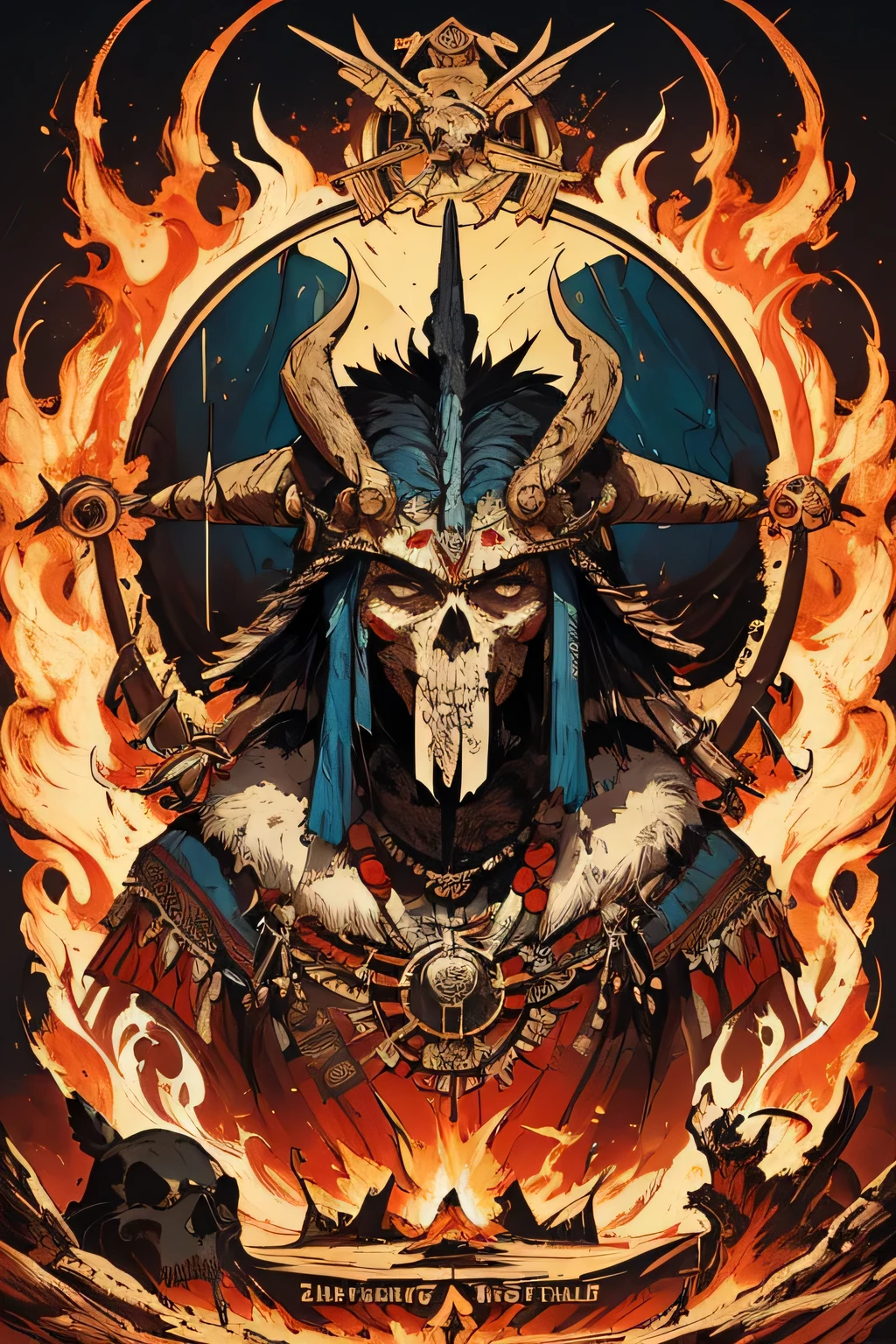 ((Masterpiece, best quality), 8k wallpaper, high detail, poster, shaman of the peoples of the north, exploitation, fire, skulls, bones, Altai mountains, inscription in English with capital letters MOUNGOLD, animals, horror thriller, cinematic film poster, Bauhaus, shapes, lines, abstraction, propaganda, film poster, vintage, double exposure.
