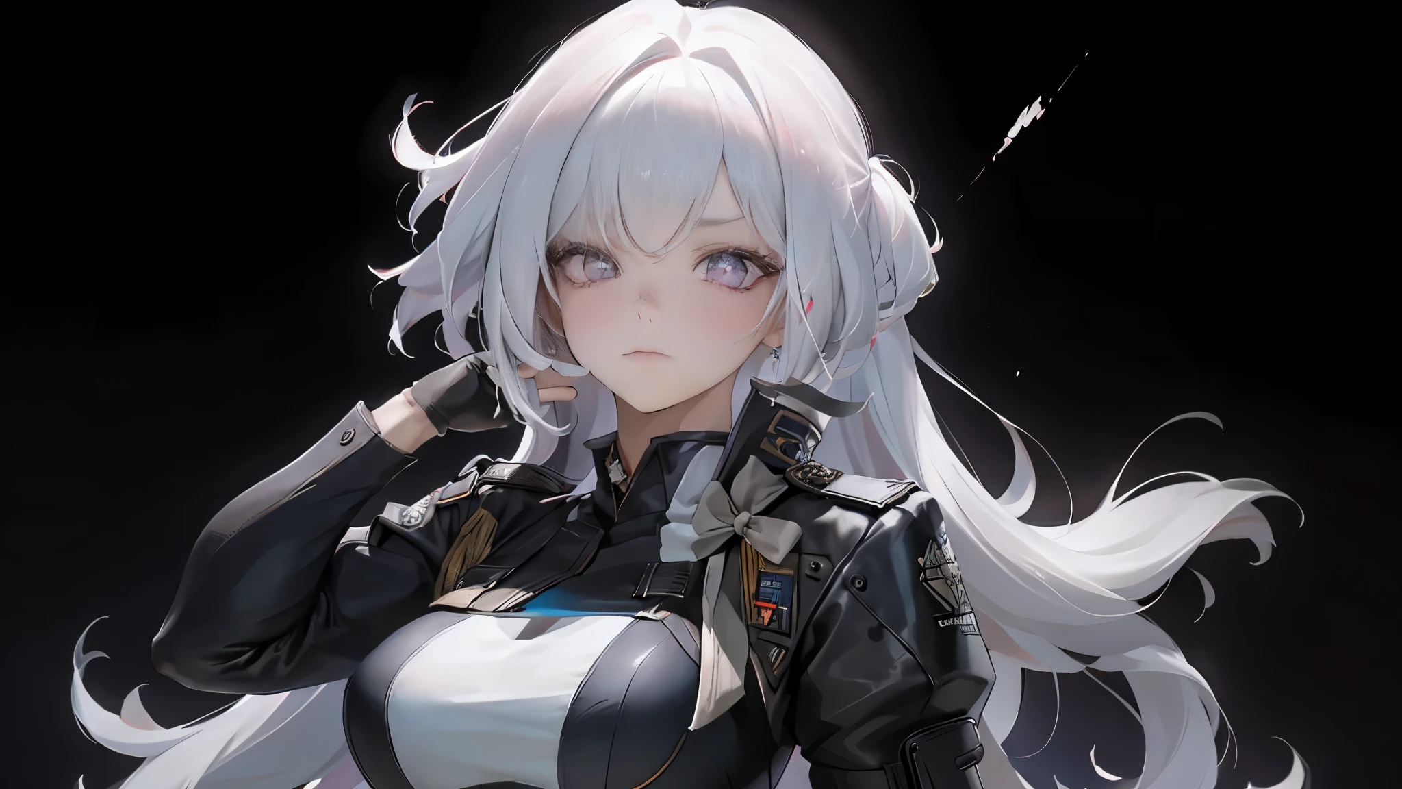 1 Girl, Solo , Alone, A Single Person, Face Close Up, Big Chest, Violet Eyes, , Hair accessories, White Bob Hair, Short Hair, Silver Hair, Bang, hair between eyes, military uniform, black dress, cape, White gloves, pantyhose, high heel boots, Explosion, Salute Pose, Standing, In the Sky, Blue Sky, High detail mature face, combat suit, high res, ultra sharp, She stands confidently in the center of the poster, Shooting pose，explosion effect, a determined expression on her face。The background is dark and gritty，There is a sense of danger and a strong feeling。The text is bold and eye-catching，With catchy slogans，Adds to the overall drama and excitement。The color palette is dominated by dark colors，Dotted with bright colors，Make the poster dynamic and visually striking，(Magazines:1.3), (Cover-style:1.3), Fashion, vibrant, Outfit, posing on a, Front, rich colorful，Background with，element in，self-assured，Expressing the，halter，statement，Attachment，A majestic，coil，Runt，Touching pubic area，Scenes，text，Cover of a，boldness，attention-grabbing，titles，Fashion，typeface，，Best quality at best，Hyper-detailing，8K ，hyper HD