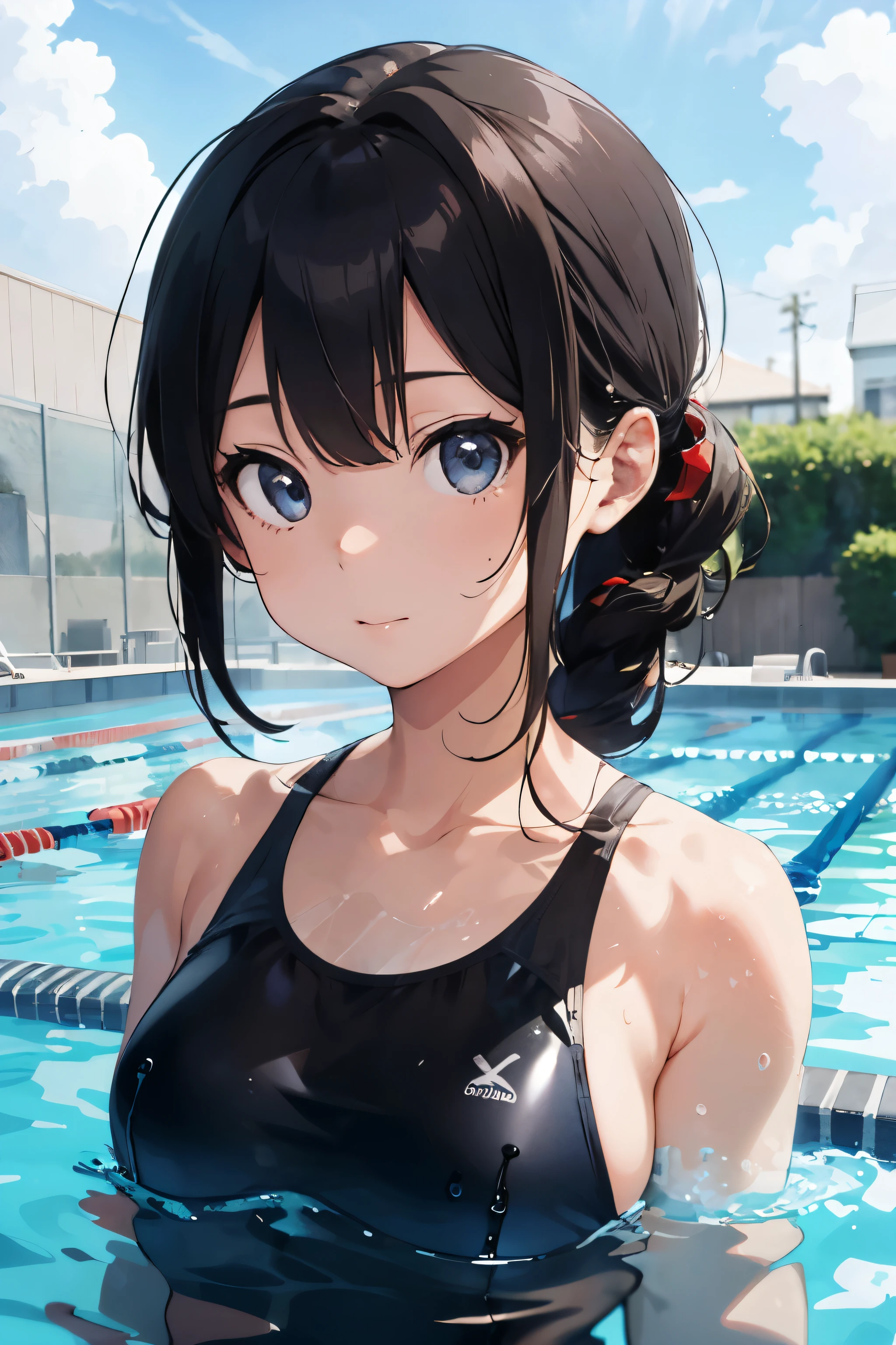 beautiful, masterpiece, best quality, hiqcgbody, anime, 1girl, medium breasts, olympic swimmer, transparent and Clear black swimsuit, portrait shot, looking at viewer, partially submerged, outdoor pool, wet skin, intricate details,>,((covered