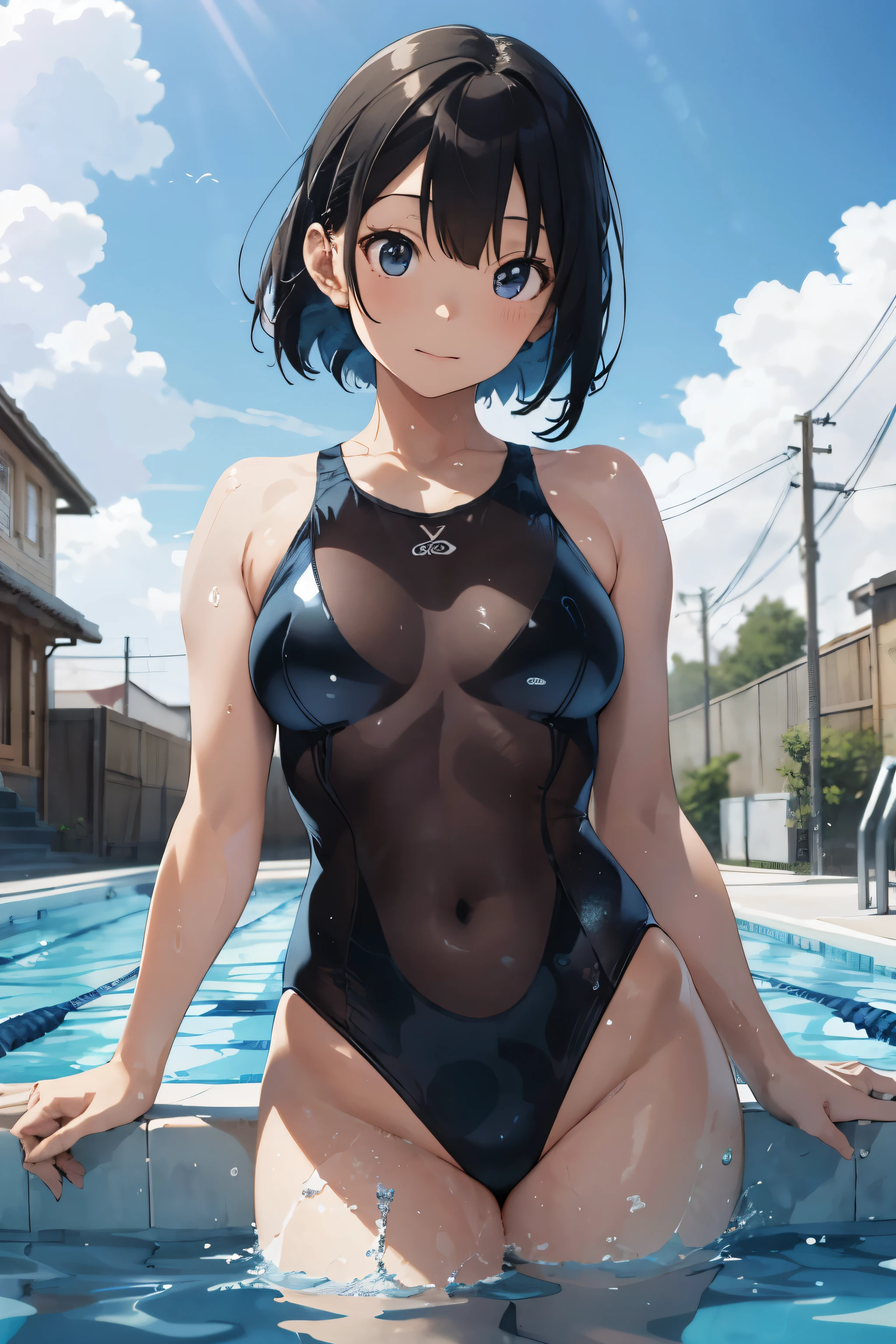 beautiful, masterpiece, best quality, hiqcgbody, anime, 1girl, medium breasts, olympic swimmer, transparent and Clear black swimsuit, portrait shot, looking at viewer, partially submerged, outdoor pool, wet skin, intricate details,>,((covered